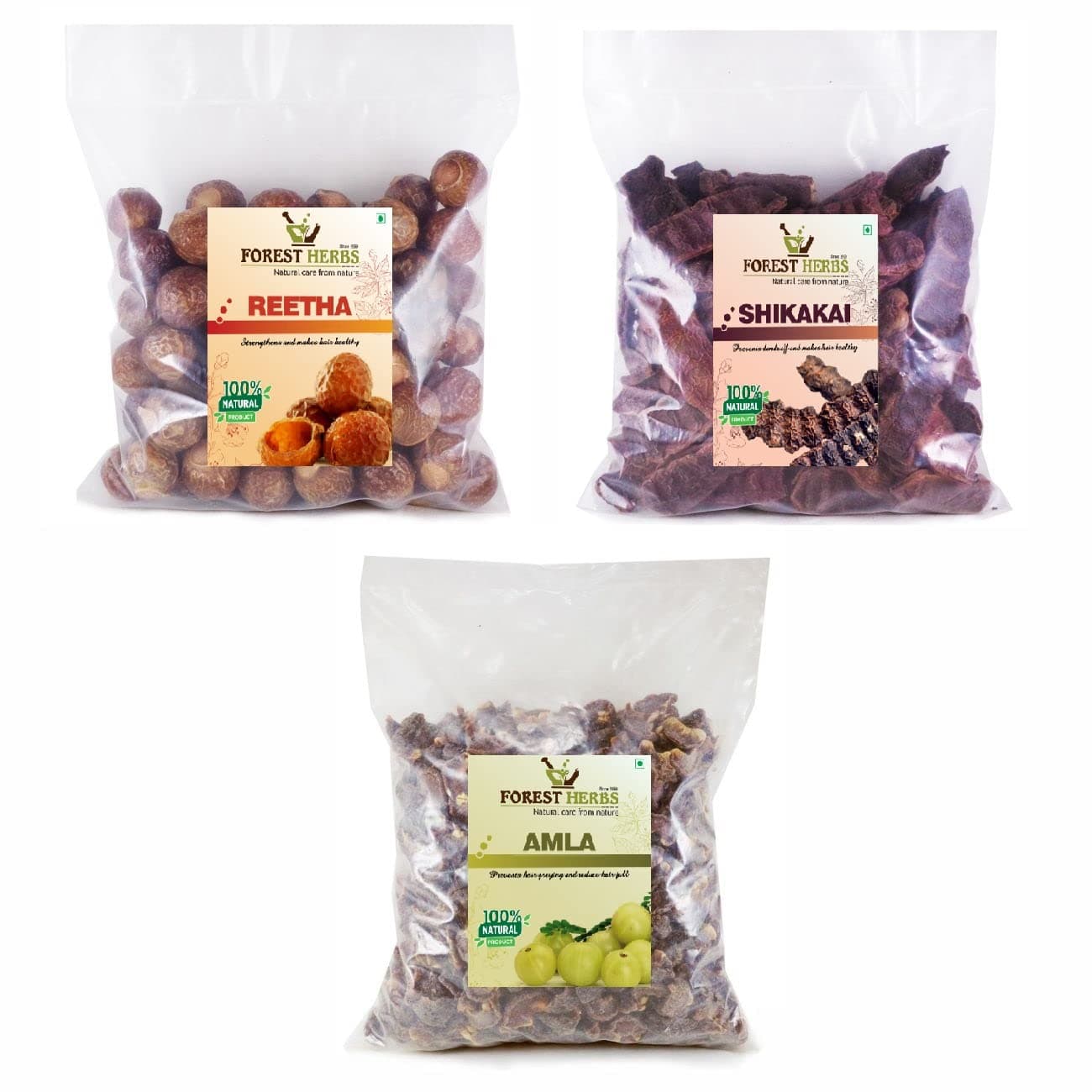 The Forest Herbs Natural Care From Nature Organic Whole Dried Amla, Reetha, Shikakai Raw Form for Hair Care Combo Each 200Gms