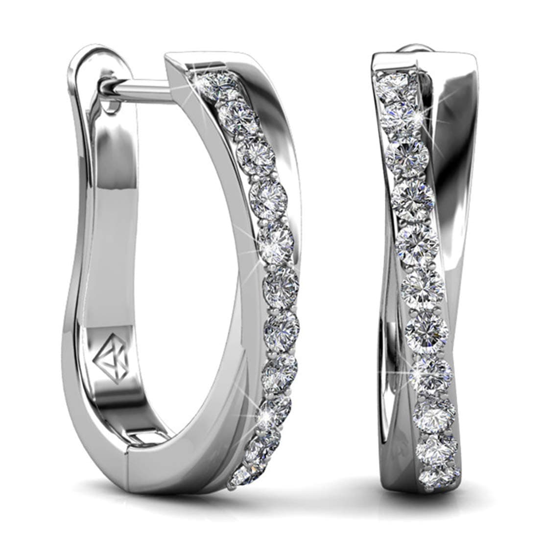 Jade Marie ALLURE Silver Dangle Hoop Earrings, 18k White Gold Plated Small Twisted Hoops with Swarovski Crystals and Lever back Closure