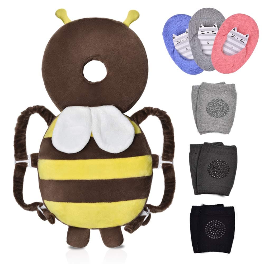 7 Pack|Baby Head Protector 1 & Baby Knee Pads for Crawling 3 Pairs & Baby Socks 3 Pairs,Baby Walking Suit, Brown Bee