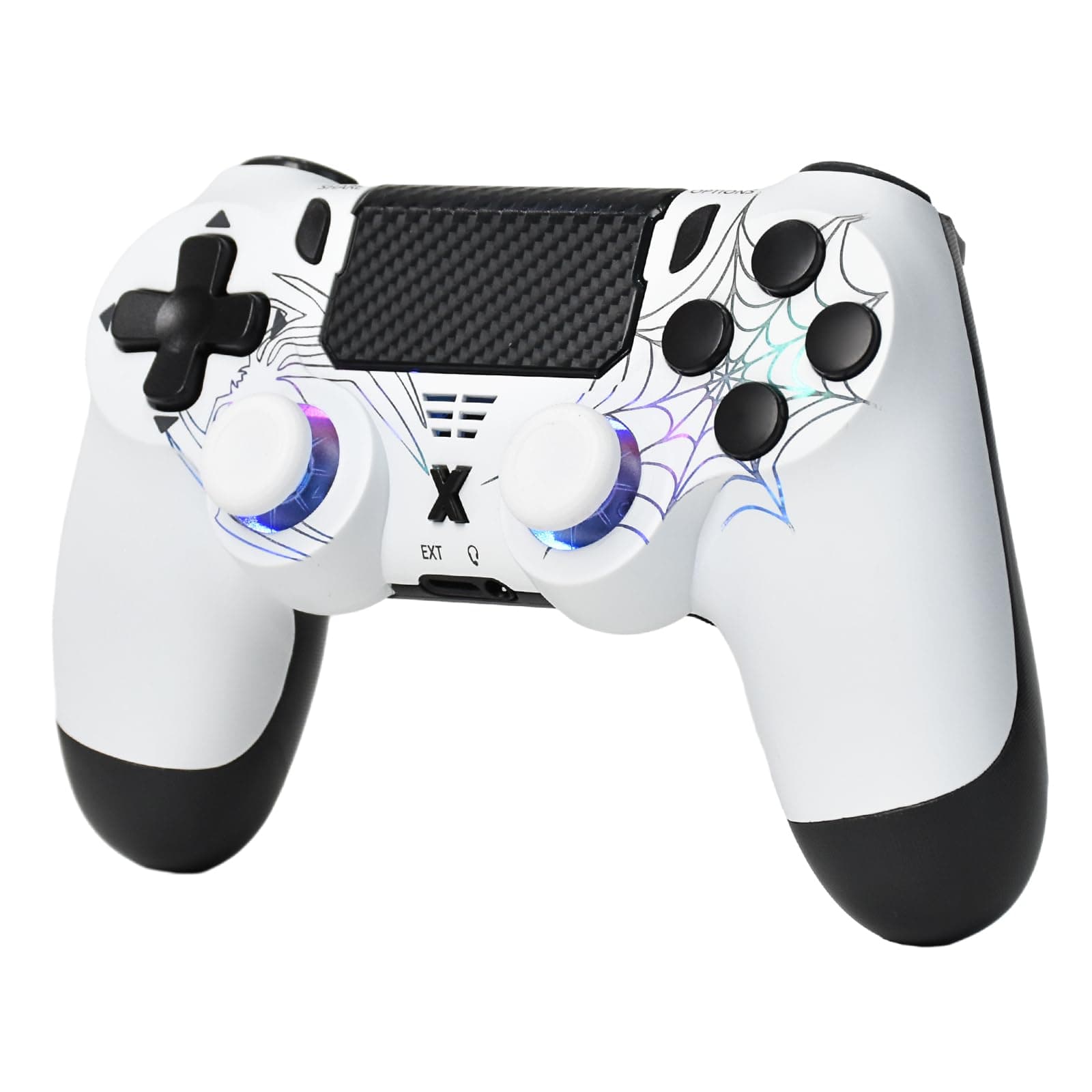 mone Wireless Controller for PS4/PC, White Spider Design, Hall Effect Joystick, RGB Lighting, Dual Vibration, 6-Axis Gyro, Touchpad, Type-C Charging, 3.5mm Headphone Jack