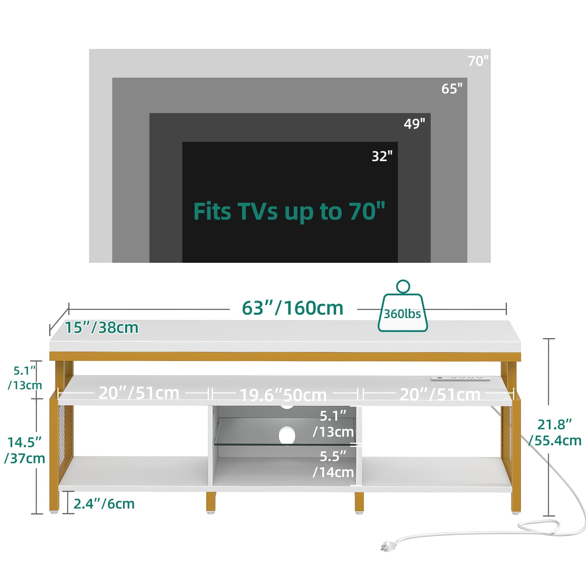 YITAHOME LED TV Stands for Living Room, Modern TV Stand for 70/65 TV, Entertainment Center with Storage 2/Power Outlets and Open Storage, TV Console Cabinet, White