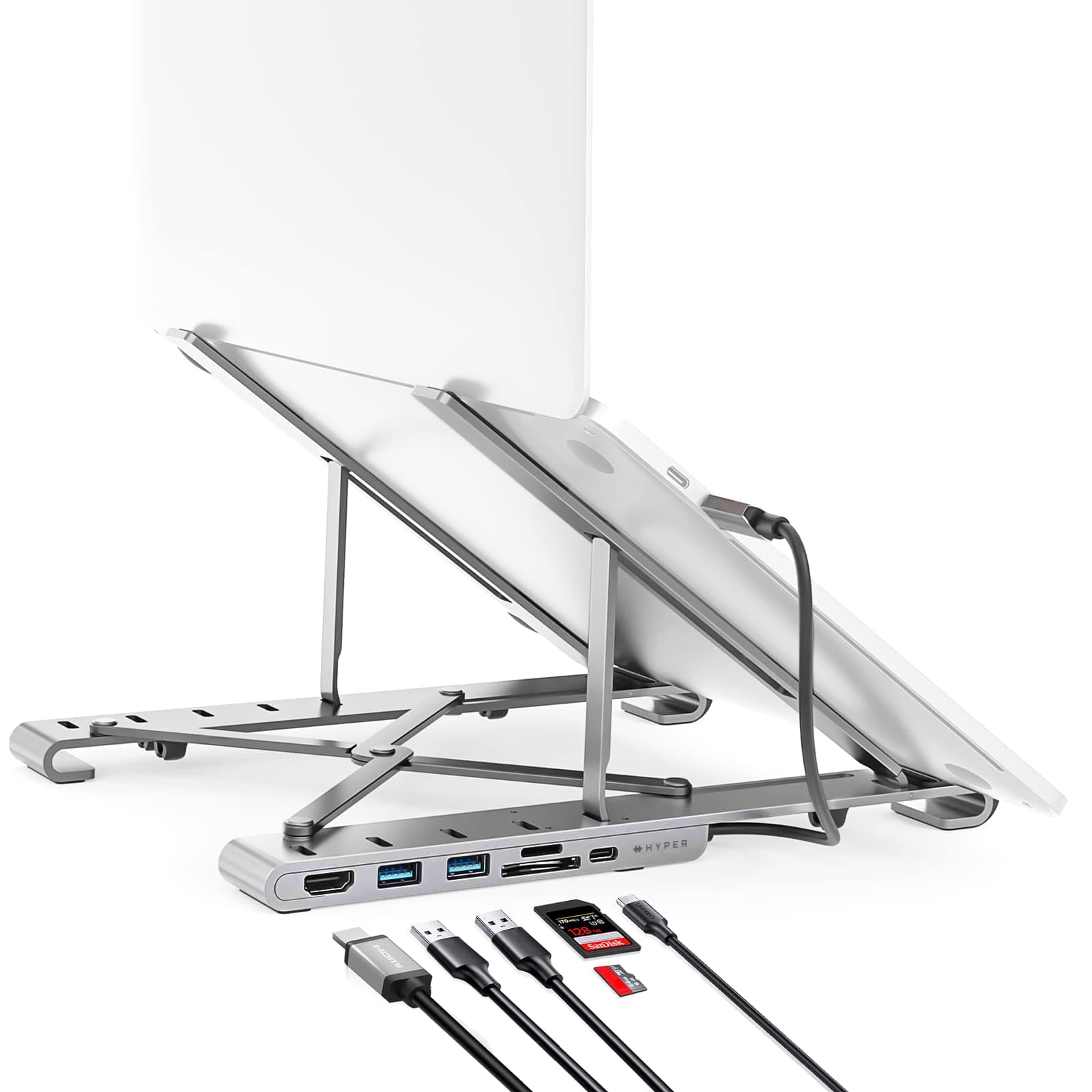 HyperDrive Adjustable Laptop Stand Riser USB C Hub 7in1: HDMI 4K30Hz, USB-C 100W Power Delivery, USB-C 5Gbps, MicroSD/SD, 2x USB-A 5Gbps, Compatible with Chromebook, Windows PC MacBook iPad Pro 10-17"