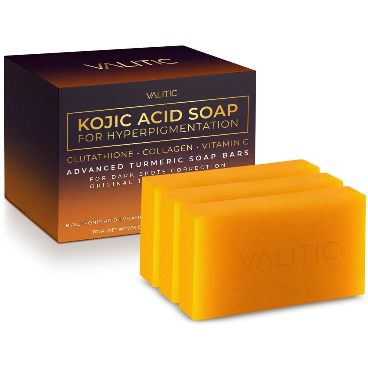 VALITIC Kojic Acid Soap for Hyperpigmentation - with Glutathione, Collagen & Vitamin C - Advanced Soap Bars with Turmeric - Original Japanese Complex for Dark Spot Correction - 3 Pack