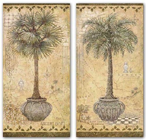 Global Offerings I & II by Kruskamp~Set 2 Potted Palm Tree Elongated UNFRAMED Art Prints