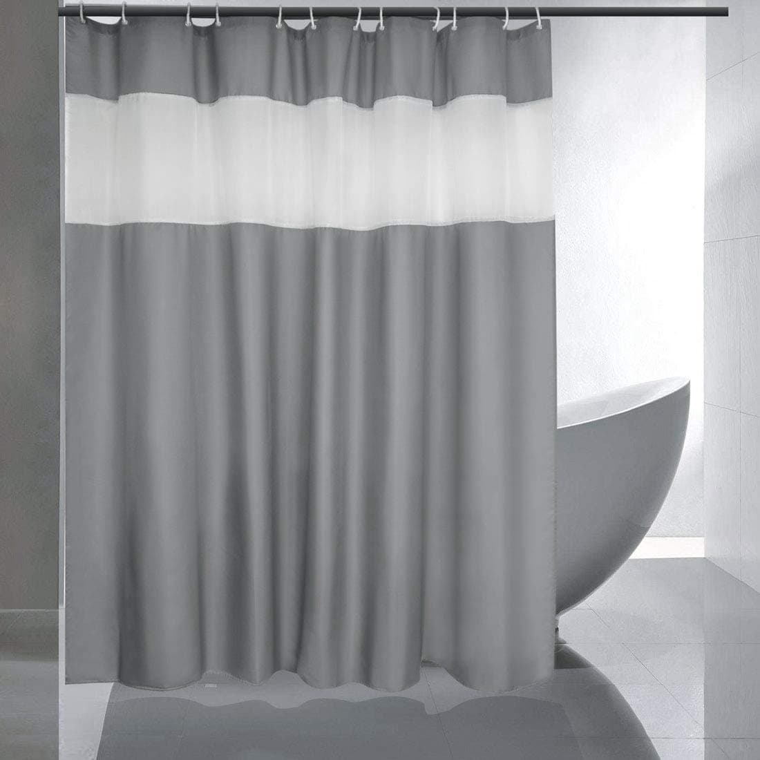 Fabric Shower Curtain or Liner 72 x 84, Gray Extra Long Bathroom Shower Curtain with White See-Through Stripe for Home, Spa Hotel Quality, Machine Washable