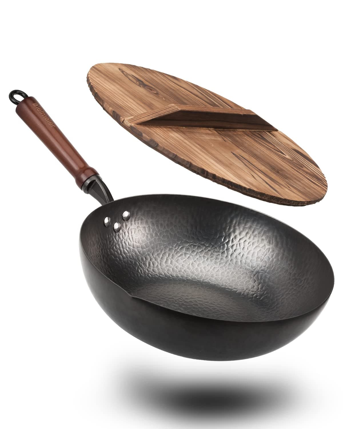 Hand Hammered Carbon Steel Wok Pan With Lid
