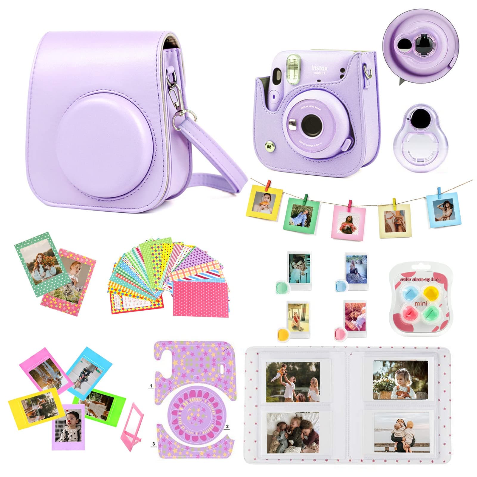 WOGOZAN Mini 11 Accessories for Fujifilm Instax Mini 11 Instant Camera Include Case, Color Filters, Photo Album, 2x3 Frames, Selfie Lens and Stickers (Purple) (No Camera)