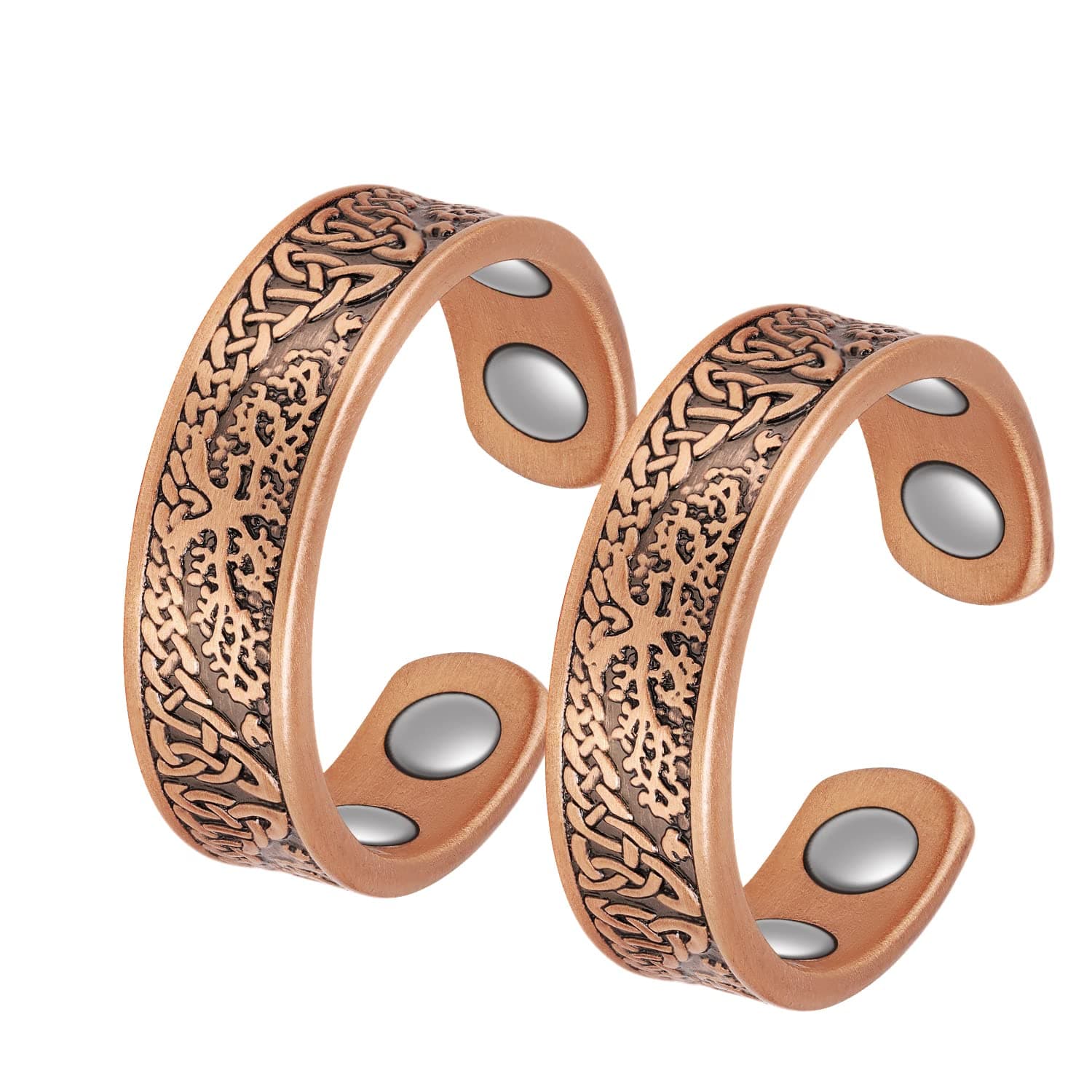 Jeracol 2 Pcs Copper Magnetic Rings with 4 Strong Magnets (Each up to 3500 Gauss), Tree of Life Design, Adjustable, Gift Box Included