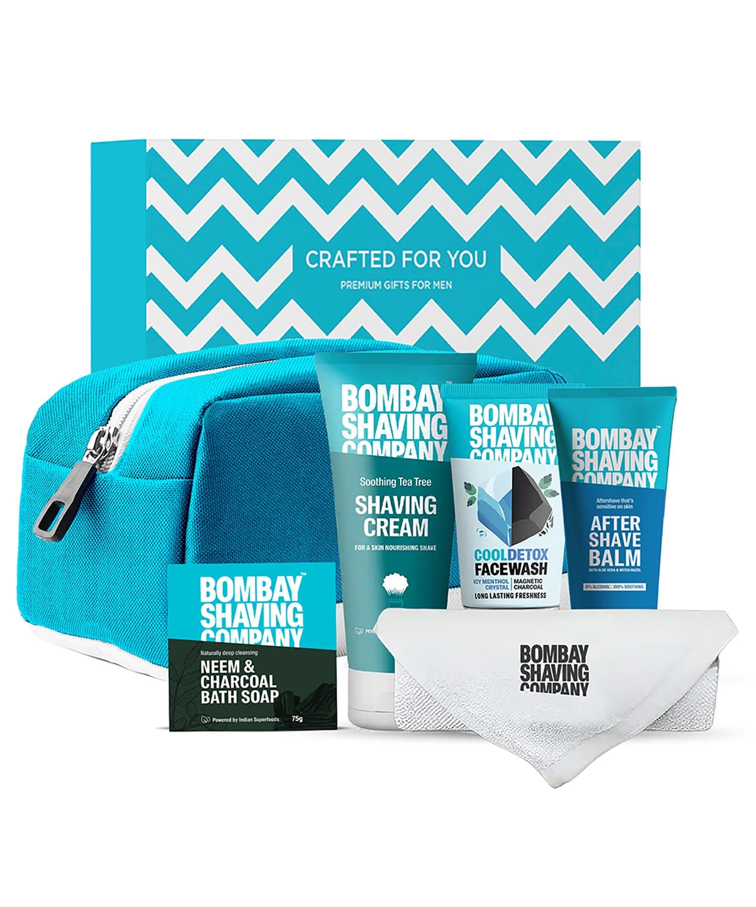 Premium Grooming and Shaving Kit Gift Hamper for Men Pre Shave Scrub, Shaving Cream, Post Shave Balm, Charcoal Soap, Towel, Shaving Kit Bag 6 Count (Pack of 1) Multicolour