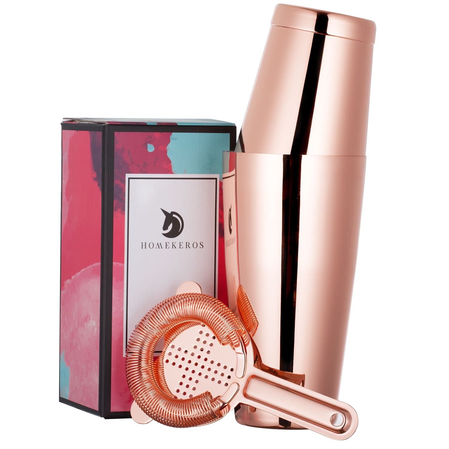 Copper Boston Shaker: 3-Piece Set: 550ml & 750ml Weighted Professional Stainless Steel Cocktail Shaker & Cocktail Strainer by Homekeros