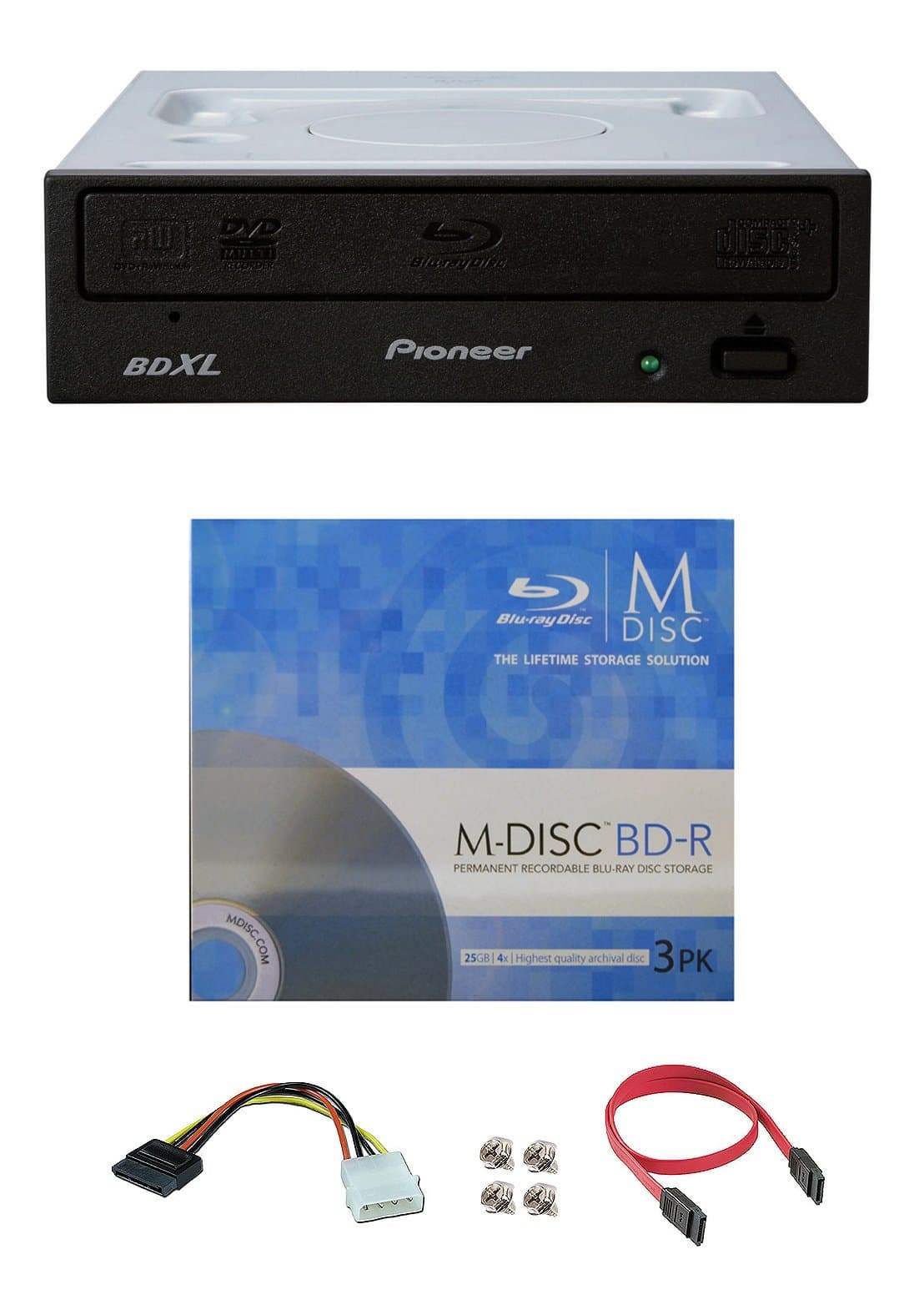 Pioneer 16X BDR-2209 Internal Blu-ray Burner Bundle with 3 Pack M-DISC BD and Cable Accessories (Supports BDXL, SATA Interface)