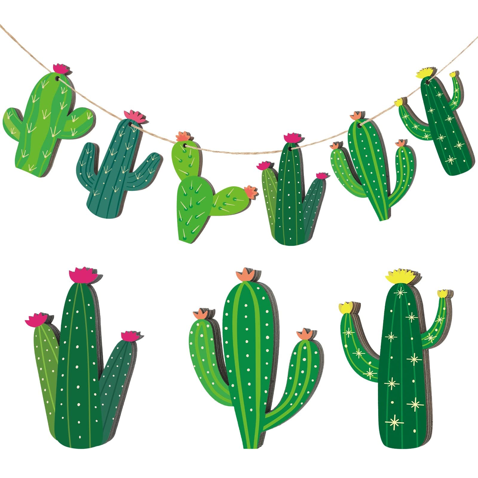 24 Pcs Cactus Decorations Cactus Cutouts Wooden Ornaments Mexican Themed Party Banner DIY Green Hanging Embellishments Fiesta Party Decoration for Mexican Themed Birthday Baby Shower Banner