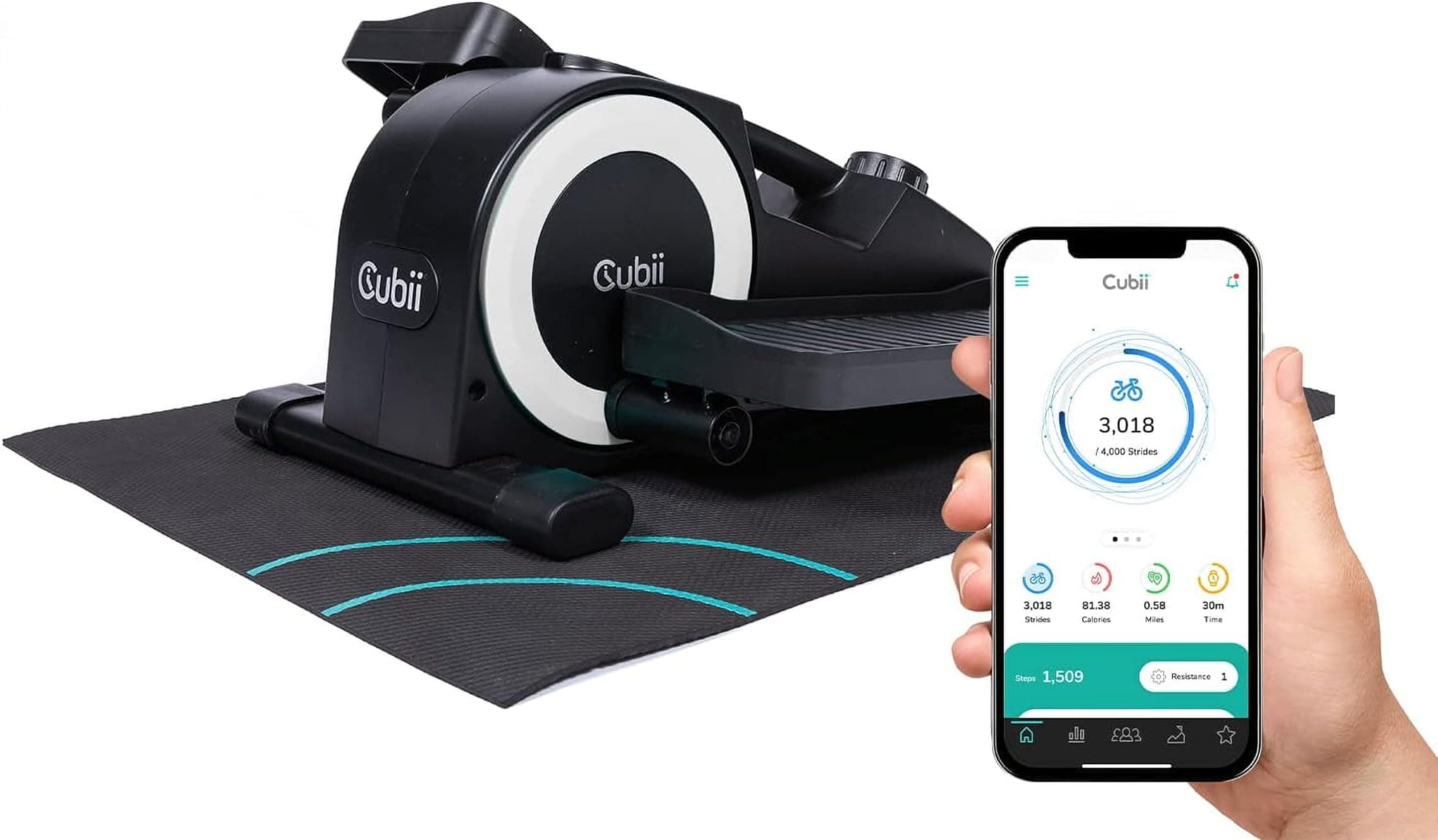 CubiiJR1+ Under Desk Elliptical Exercise Machine Bundle with Non Slip Mat - Compact, Quiet, Adjustable Resistance Levels, Portable, Bluetooth Connected for Adults and Seniors