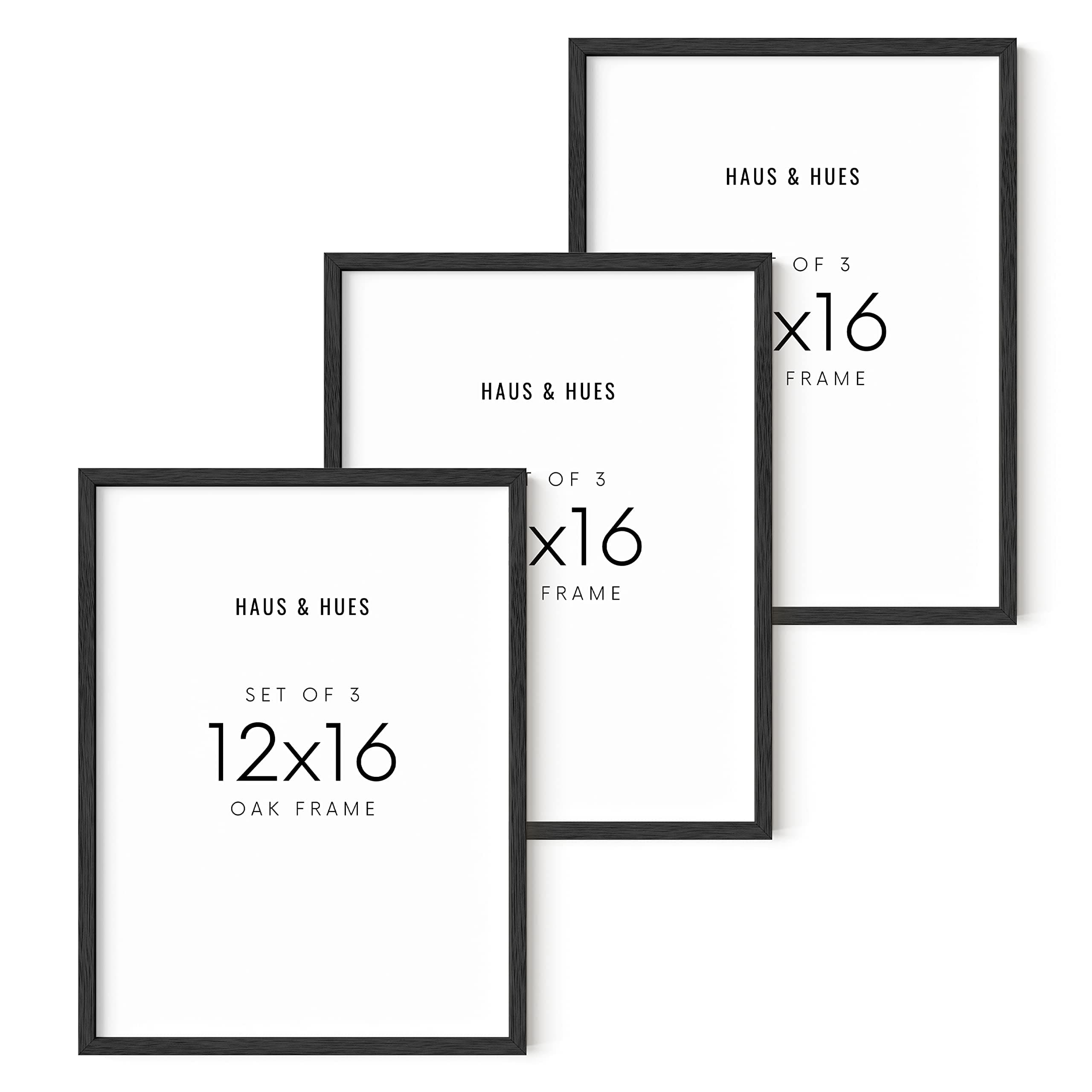 HAUS AND HUES 12"x16" Black Oak Wood Frames Set of 3 - Frame for 12x16 Print, Basic Black Poster Frame, 12x16 Wood Picture Frame, 12 x 16 Poster Frame, 12x16 Black Frame, 12x16 Picture Frame