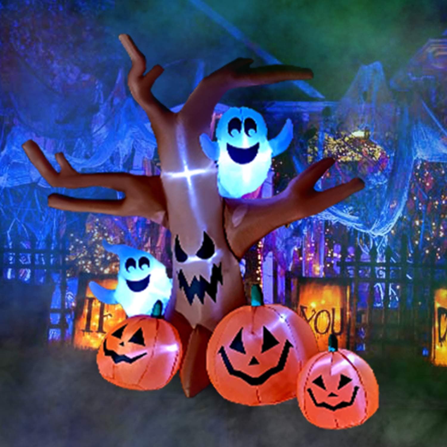 SEASONBLOW Bigjoys 8 Ft Halloween Inflatable Tree with Ghost Pumpkin Decoration for Indoor Outdoor Home Yard Party