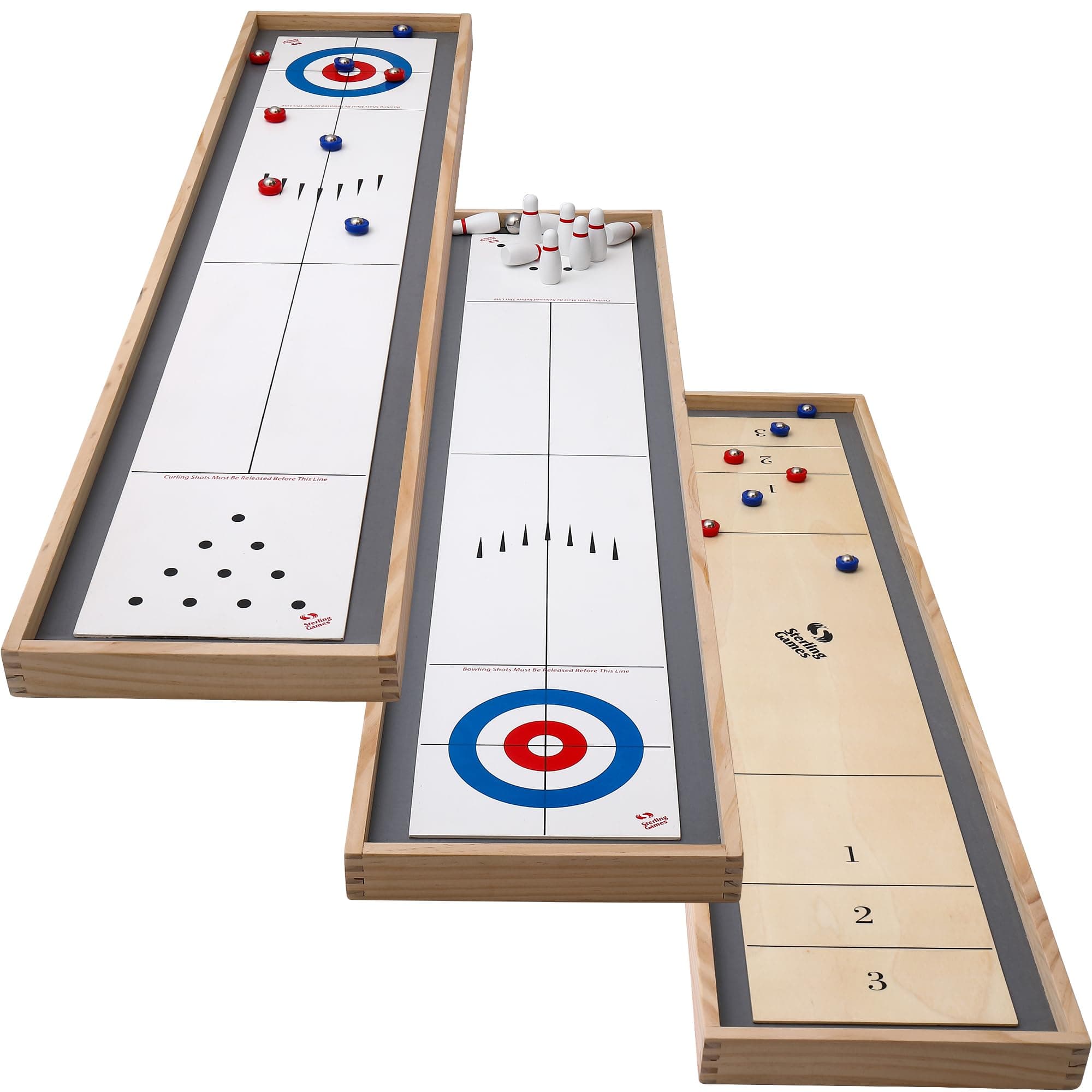 Sterling Games Tabletop Shuffleboard, Bowling and Curling 3 in 1 Combo Set - Two Sided Wooden Arcade Board With Pucks and Pins - Table Top Game for Kids and Family