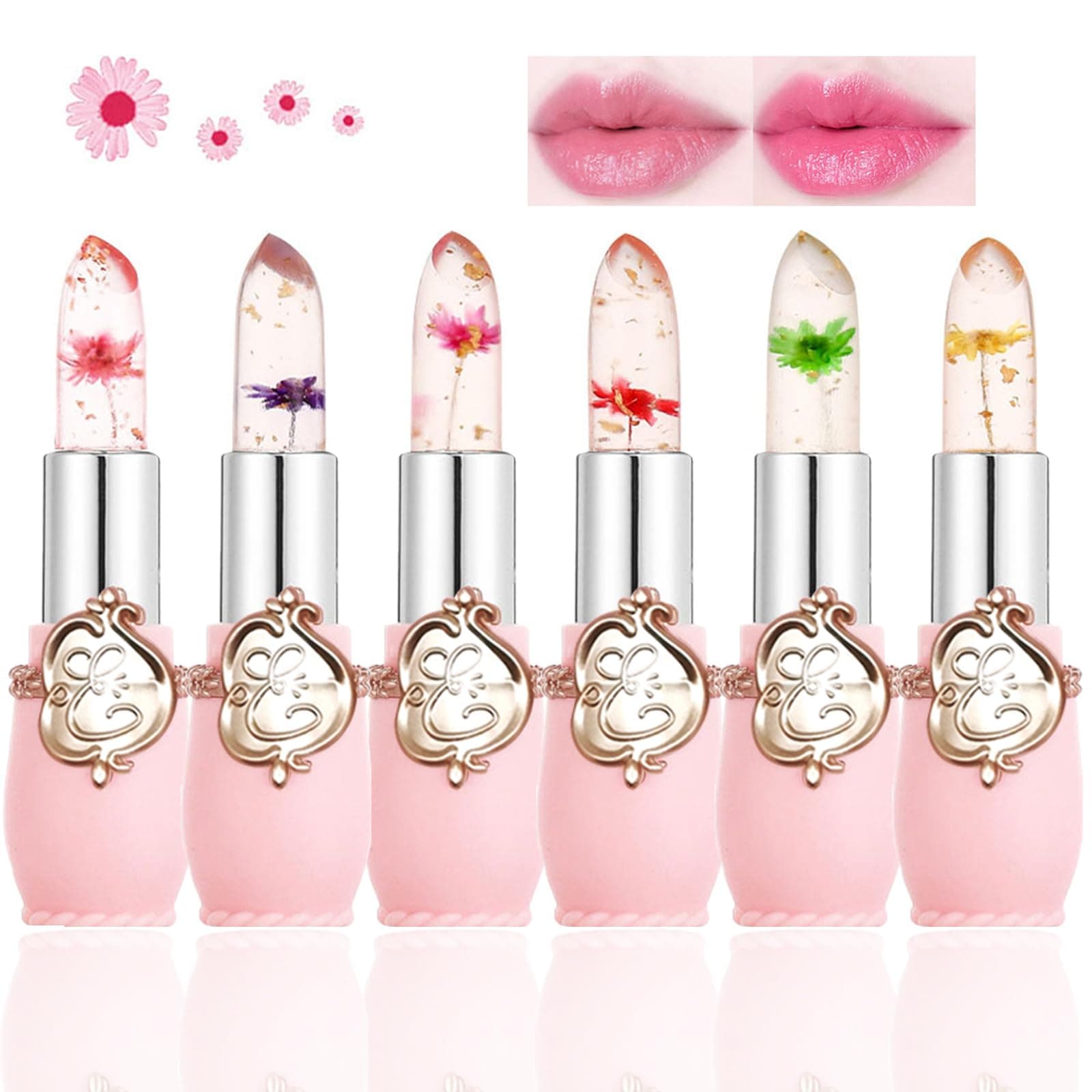 Clear Flower Jelly Lipstick, 6 Packs Nutritious Moisturizer Lip Balm Temperature Color Change Lipstick Matte Long Lasting Lip Gloss (Pink)