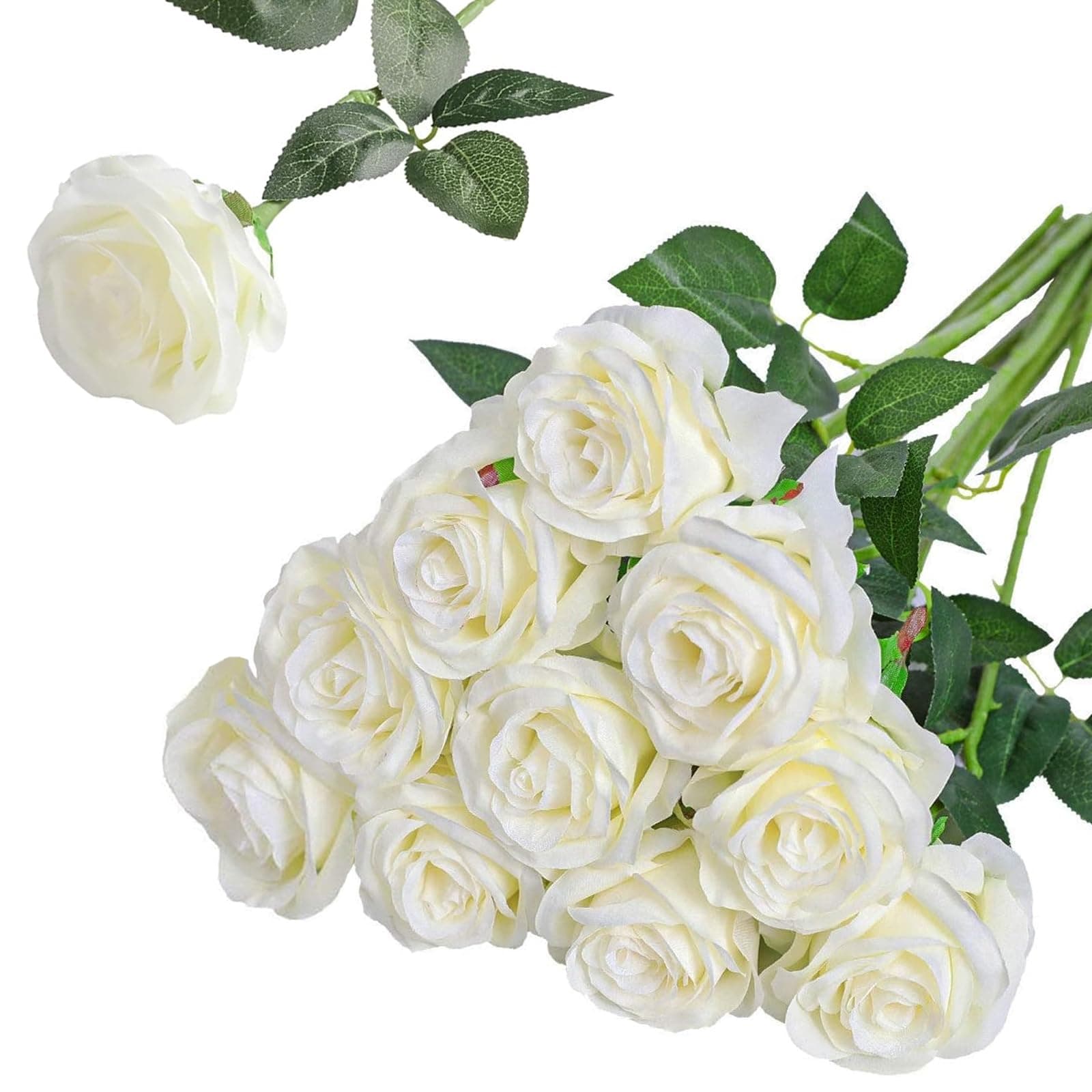 Nubry Artificial Silk Rose Flower Bouquet Lifelike White Fake Rose for Wedding Home Party Decoration Event Gift 10pcs (Off White)