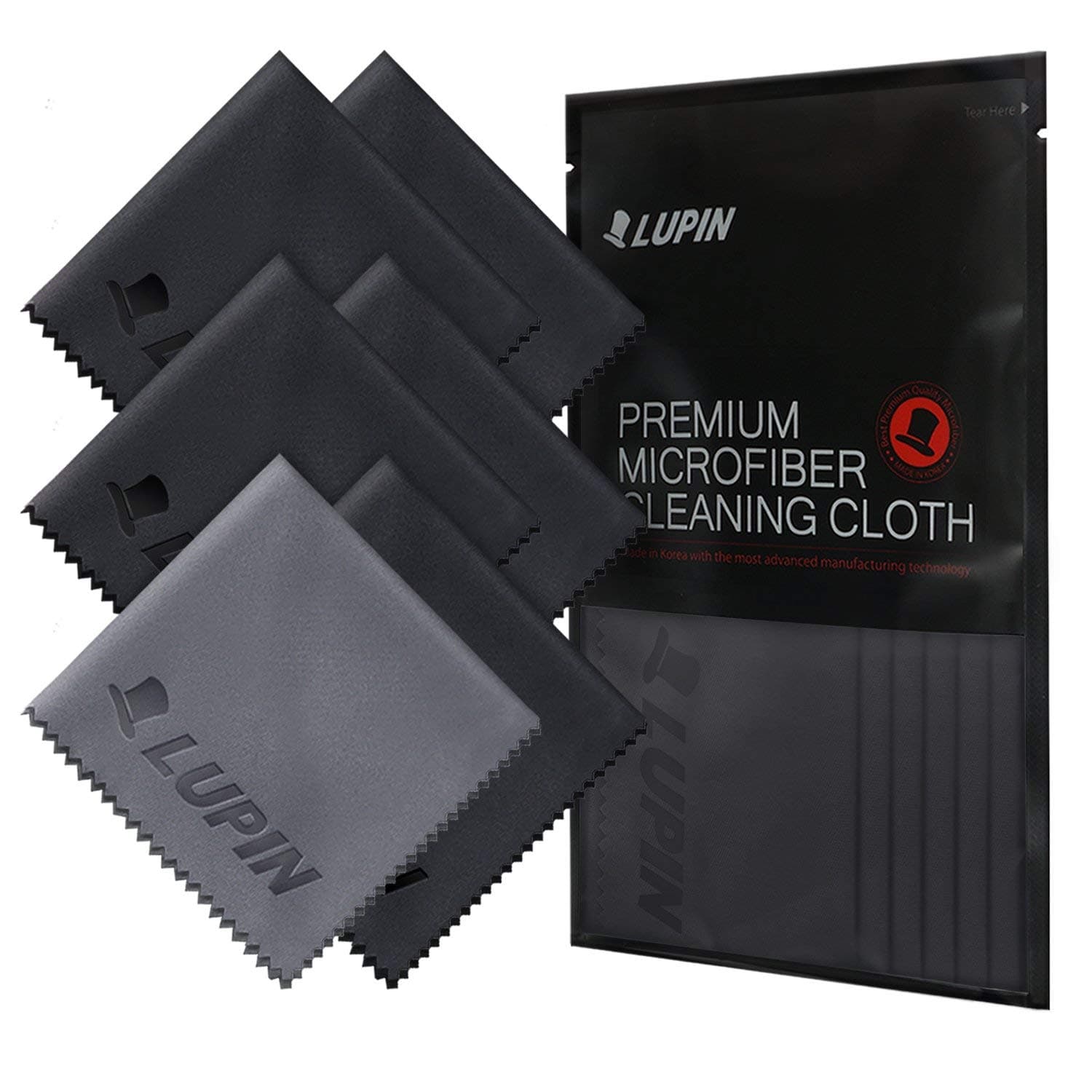 Lupin Microfiber Cleaning Cloths, 6 Pack Premium Ultra Lint Free Polishing Cloth for Cell Phone, Tablets, Laptops, iPad, Glasses, Camera Lens, TV Screens & Other Delicate Surfaces - Black