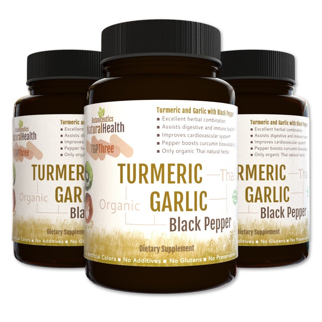 Botaniceutics Organic Turmeric, Garlic and Black Pepper - 270 Capsules - 3 Bottle Pack - 500 Mg. Wholesome Curcumin, Allium and pepperine for Natural, Good Health.