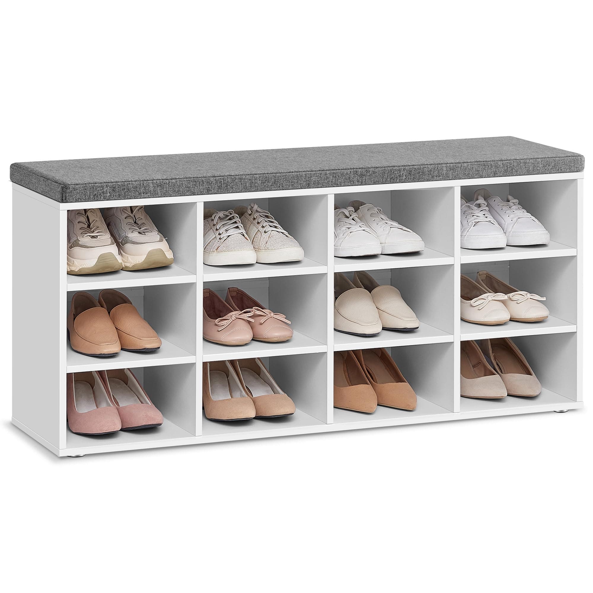 – VASAGLE Shoe Bench, Storage Bench with Padded Seat, with Cushion, 12 Compartments, Adjustable Shelves, for Living Room, Hallway, 30.3 x 104 x 48 cm, Cloud White LHS012W14