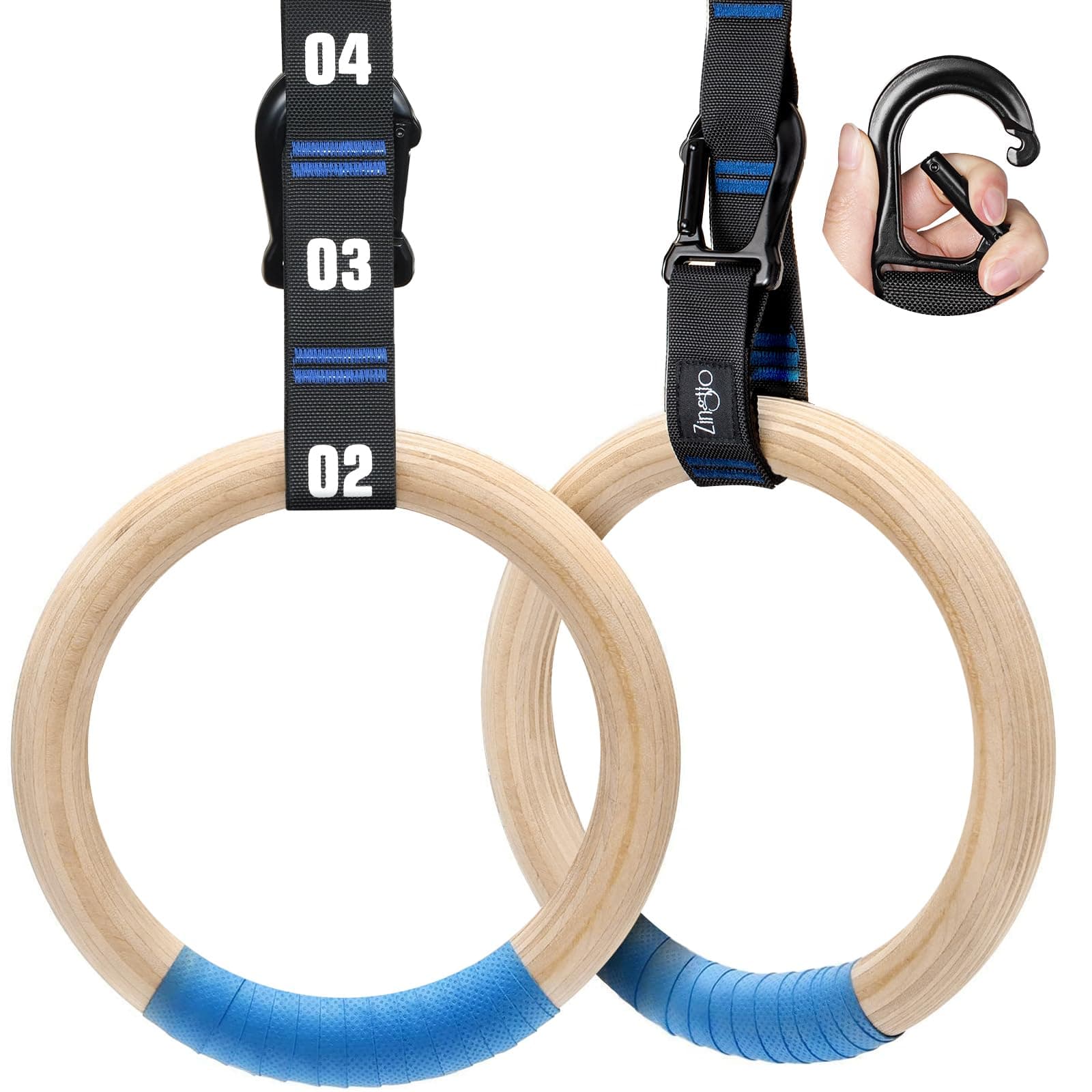 Wooden Gymnastic Rings with Adjustable Numbered Straps, 1.25'' or 1.1" Gym Rings