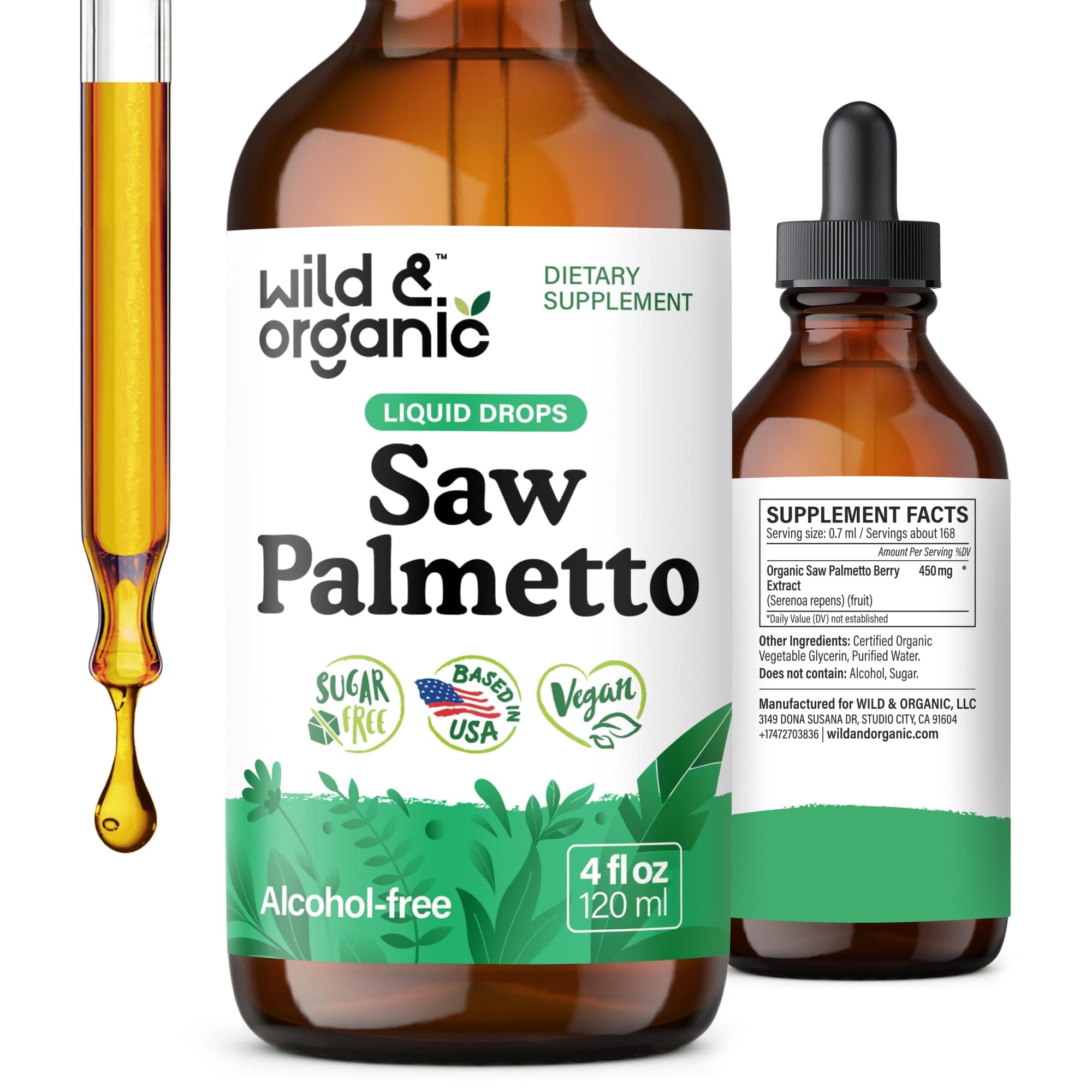 Wild & Organic Saw Palmetto Tincture - Saw Palmetto Liquid Extract Supplement for Men & Women - Saw Palmetto Powder Based Drops - Vegan, Alcohol Free - 4 fl oz