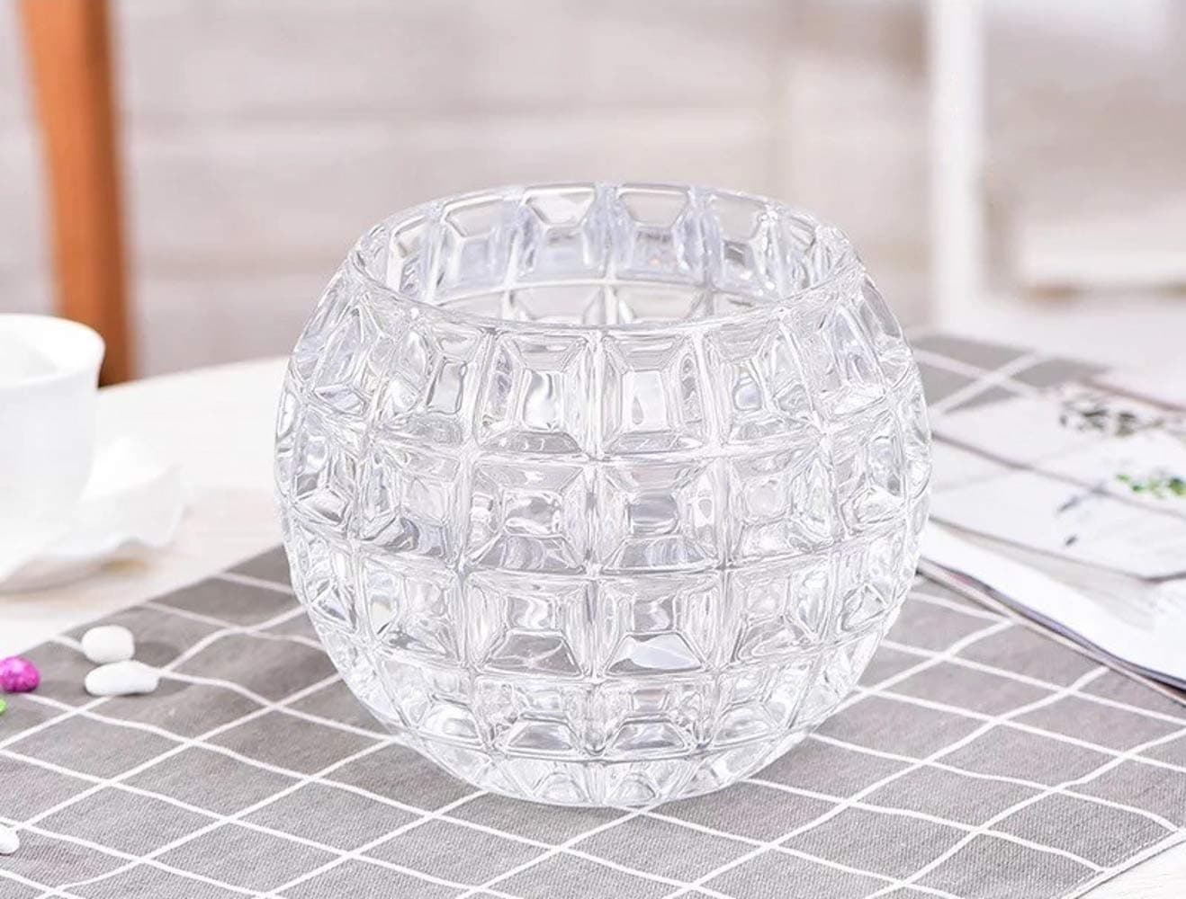 Vimi Crystal Rose Bowl Small Clear Glass Bud Vase Candle Holders Bowl Modern Decorative Round Vase for Living Room Wedding Party Office Bakery and Restaurant (3" Checkered Crystal Vase)