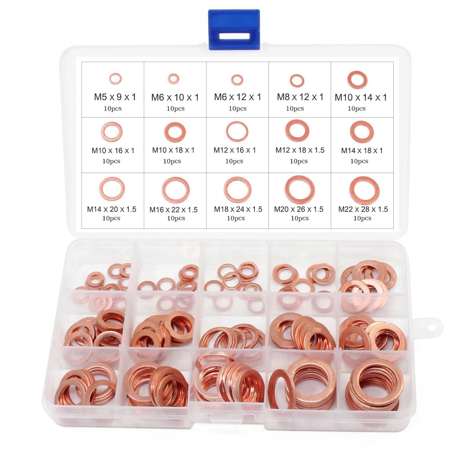 M5-M22 Flat Copper Washers Assorted Metal Solid Copper Crush Washers Set with 15 Size 150PCS