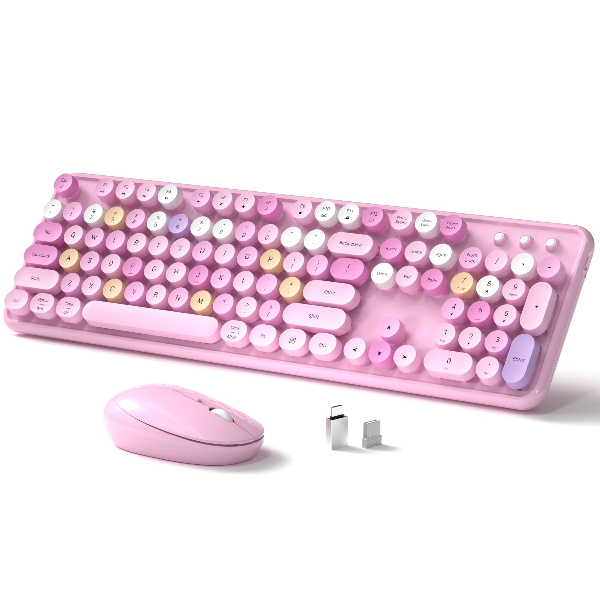 Wireless Keyboard and Mouse, Full-Size Retro Typewriter Keyboard with Round Keycaps, 2.4GHz for Windows, Mac, Laptop, PC, Desktop (Pink Colorful)