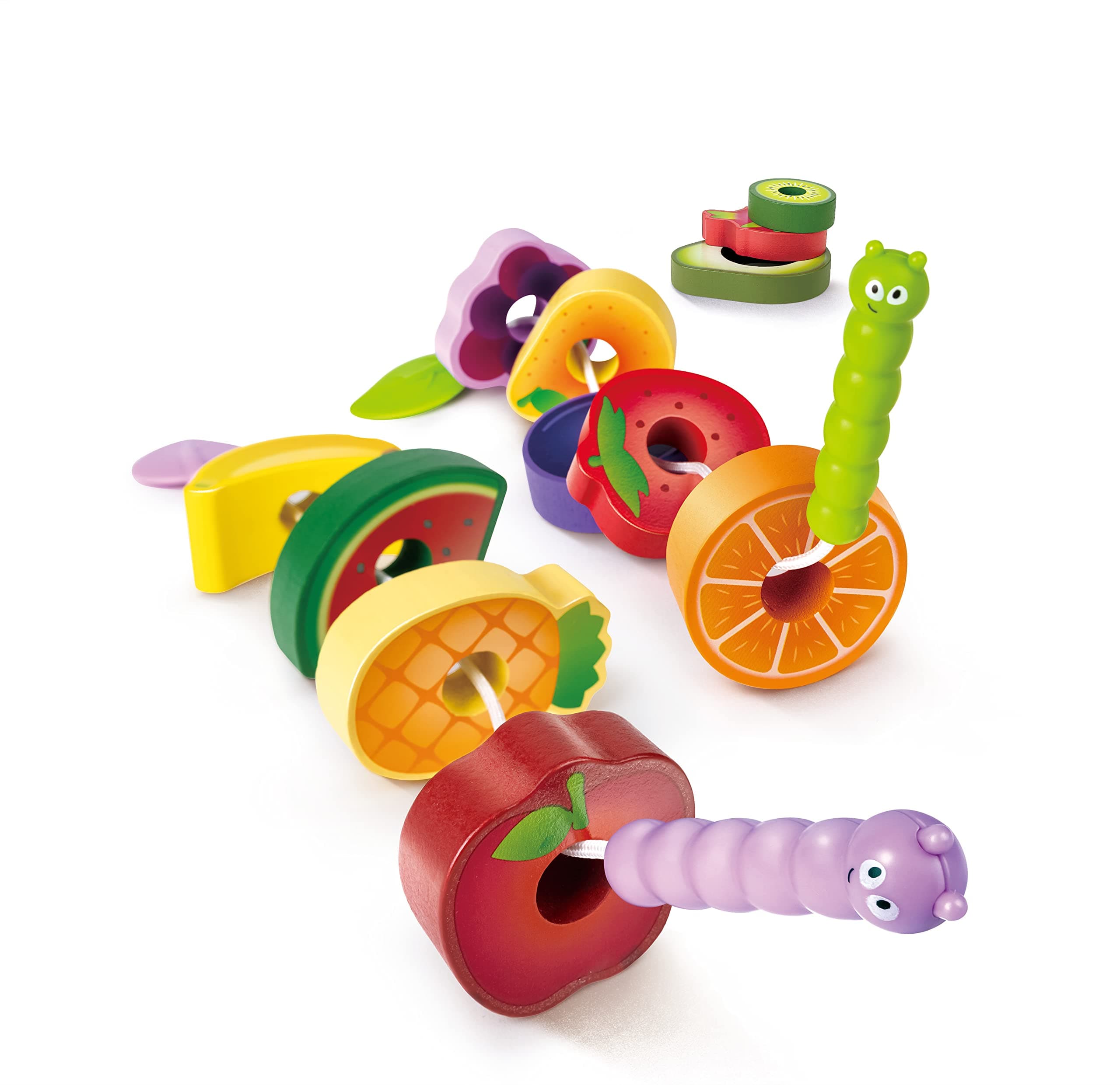 Hape Wooden Caterpillar Fruit Feast Set | 2 Caterpillars & 13 Fruit Pieces for Lacing & Threading String Set | Fine Motor Skills Development Toy for Toddlers 18M+ | Educational Play & Creativity