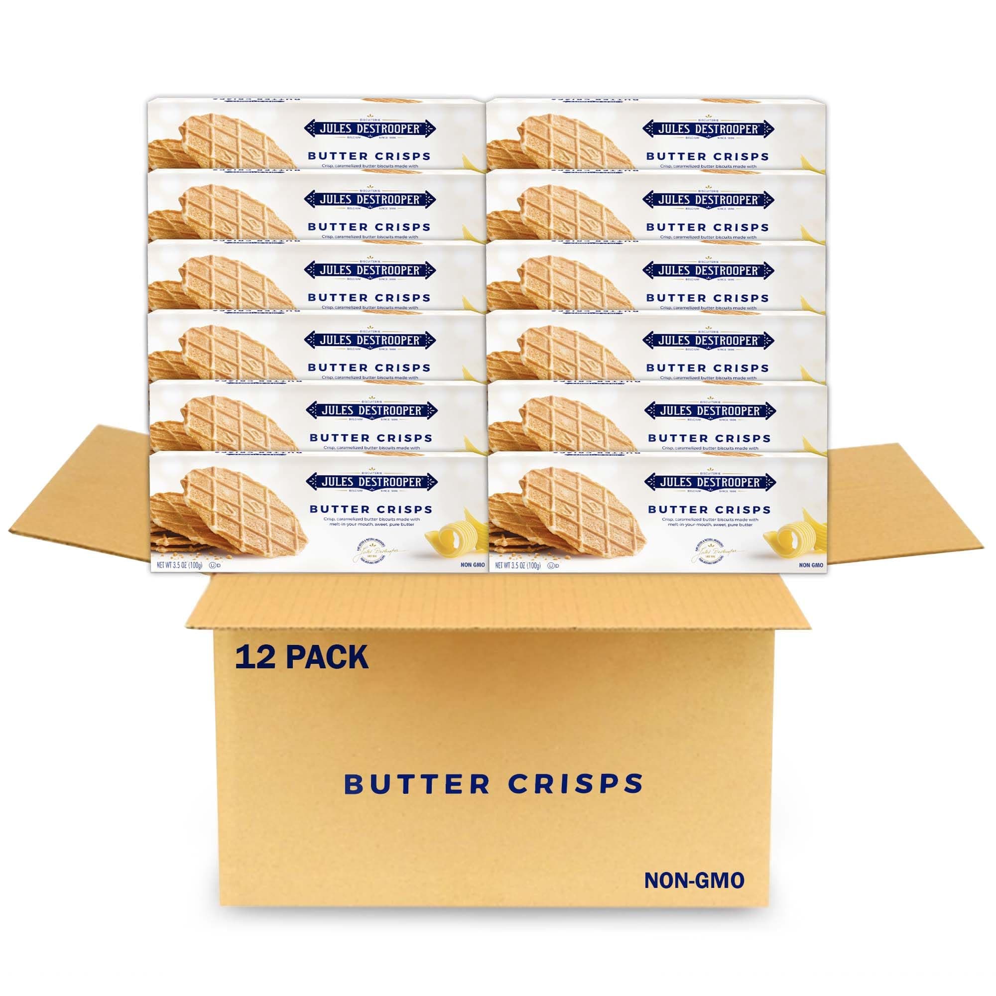 Jules Destrooper Butter Crisps - Caramelized Waffle Cookies, Certified Kosher Dairy, Non-GMO, Authentic Biscuits Made in Belgium - 3.5 Oz, Pack of 12