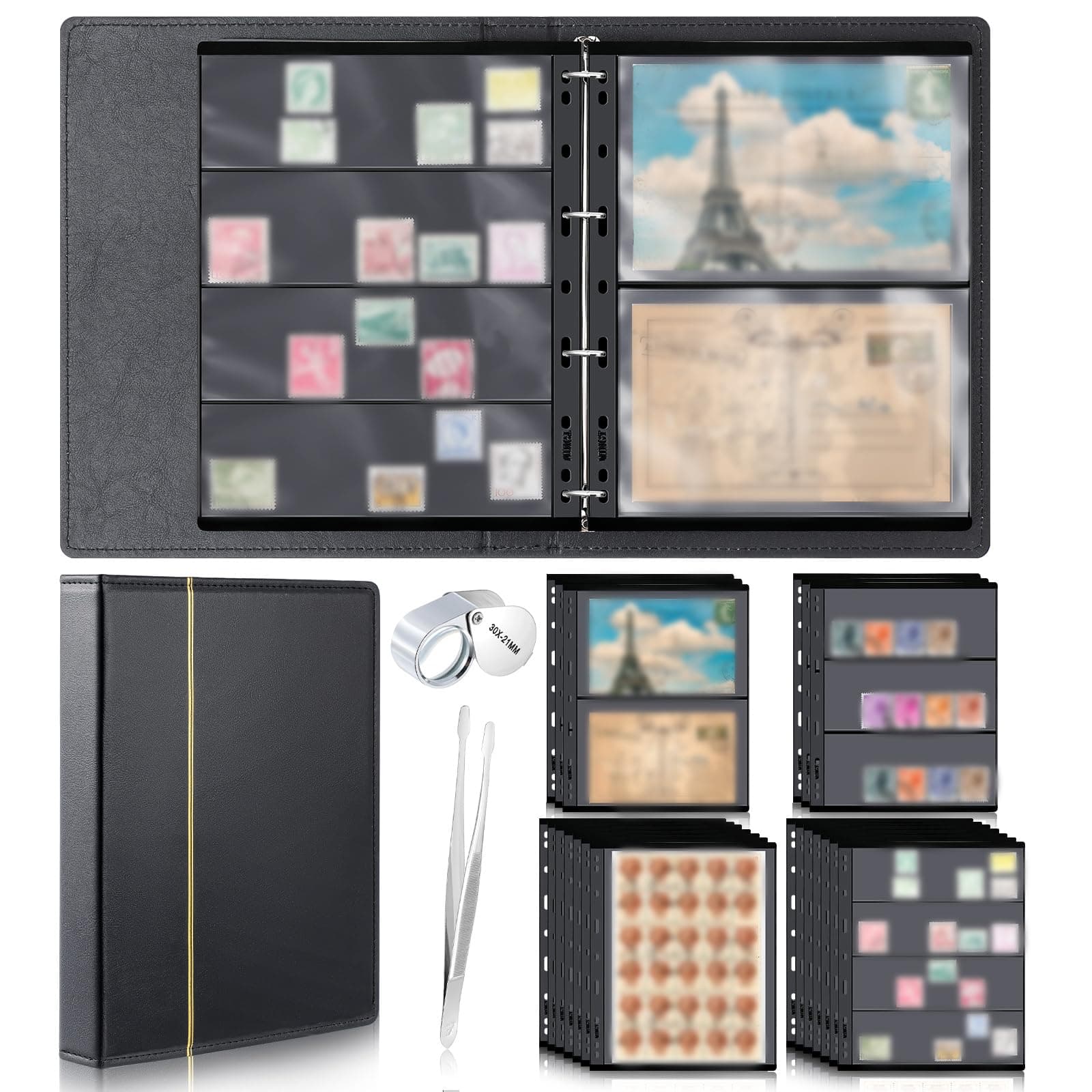 Lewtemi Stamp Collecting Albums Set Stamp Collection Book Include 20 Pages Album Binder Tweezer and Loop Magnifier Collecting Supplies for Collectors(Black,1/2/3/4 Rows)