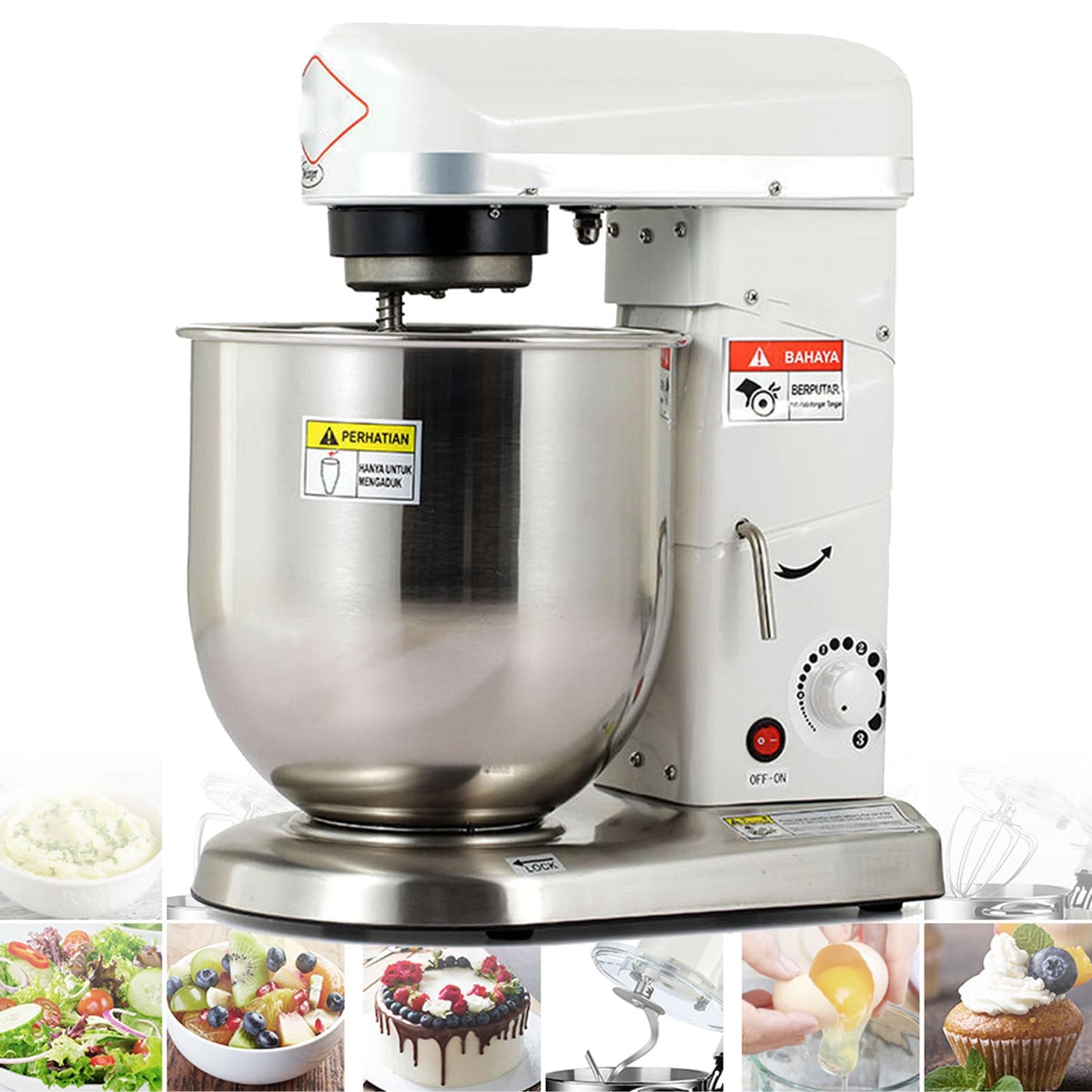 Professional Stand Mixer, 3 Speed 10L Mixing Bowl 500W Electric With Beater & Dough Hook, Commercial Kitchen Cake & Dough Mixer, White