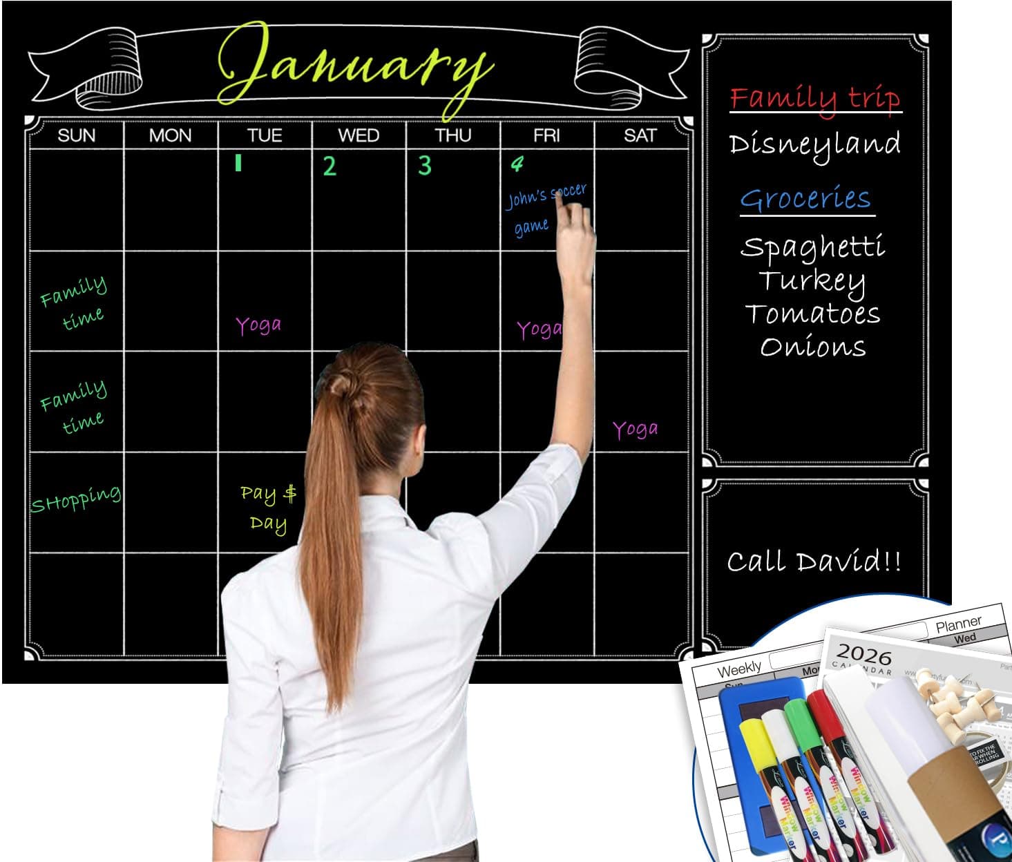 Dry Erase Black Laminated jumbo Chalk Board Wall Calendar, 38-Inch by 50-Inch,Erasable Monthly huge weekly chalkboard bulletin board,better than wall decor sticker