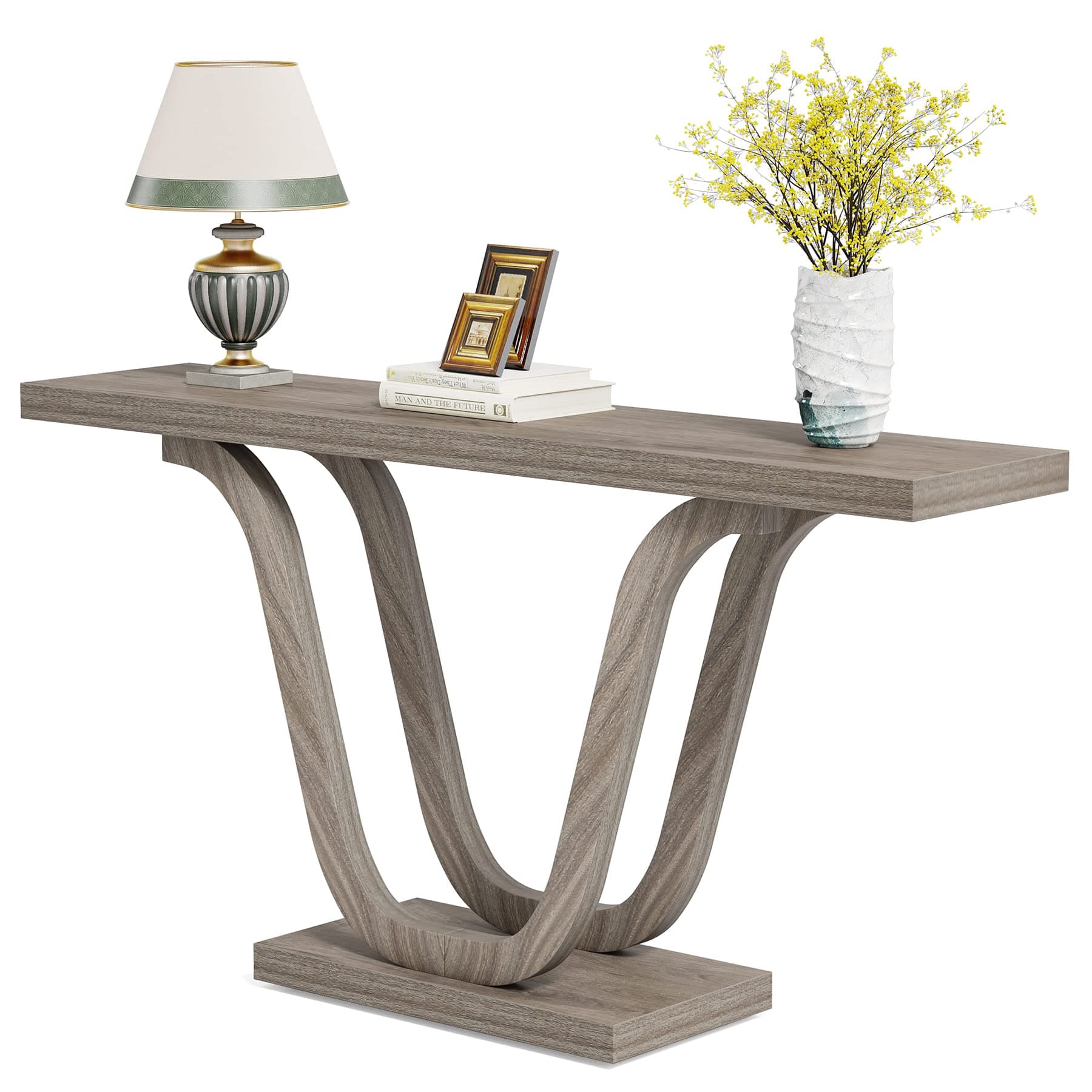 LITTLE TREE Farmhouse Entryway Console Table, 55 inches Wood Sofa Table with Geometric Base, Vintage Long Narrow Hallway Foyer Table for Living Room - Grey