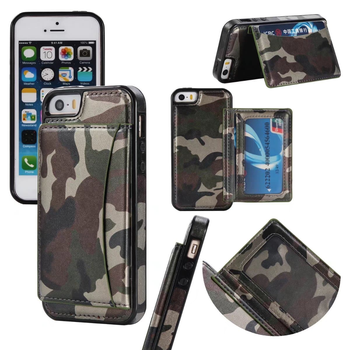 iPhone 5/5S SE Case ,MIRAER New Army Camo Camouflage Pattern Flip Cover for iPhone 5/5S SE inch PU Leather TPU Wallet Cover Phone Bags Cases (Army Green)