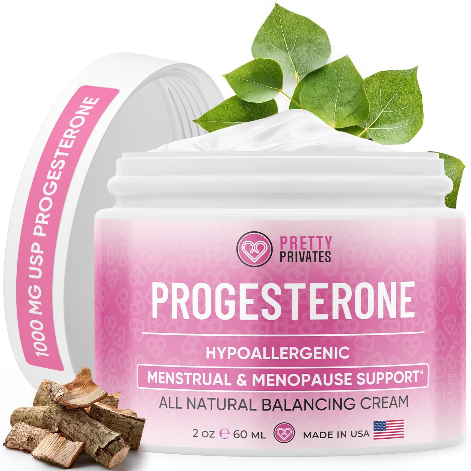 Progesterone Cream for Women - Menstrual, Menopause and Perimenopause Relief Support - 1,000 mg USP Natural Bioidentical Progesterone Cream - Topical Hormone Balancing Cream Made in USA - 2 oz (60 mL)