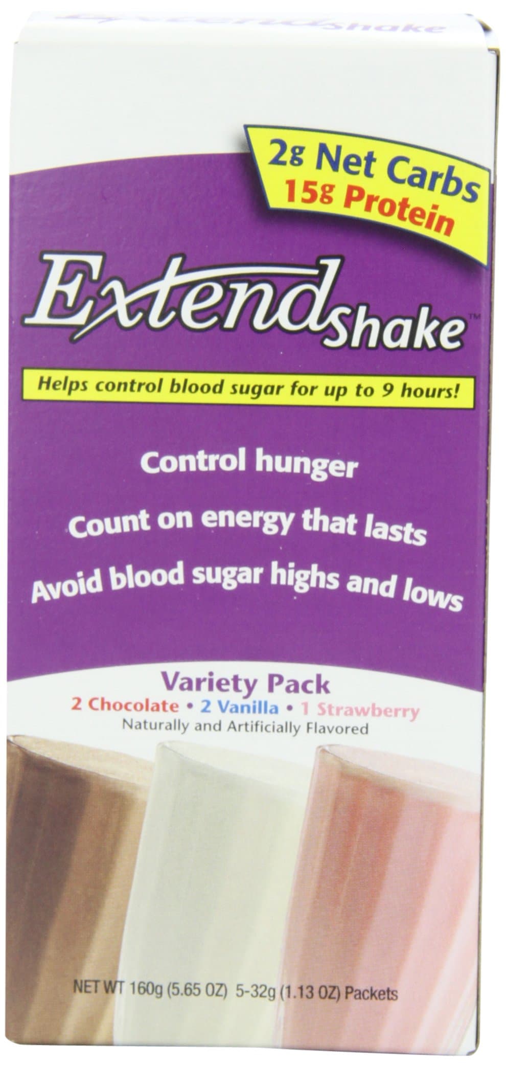 Extend Shake, 3-Flavor Variety Pack, 5-Count Servings 32g (1.13oz) Packets, Net Wt. 5.65 oz