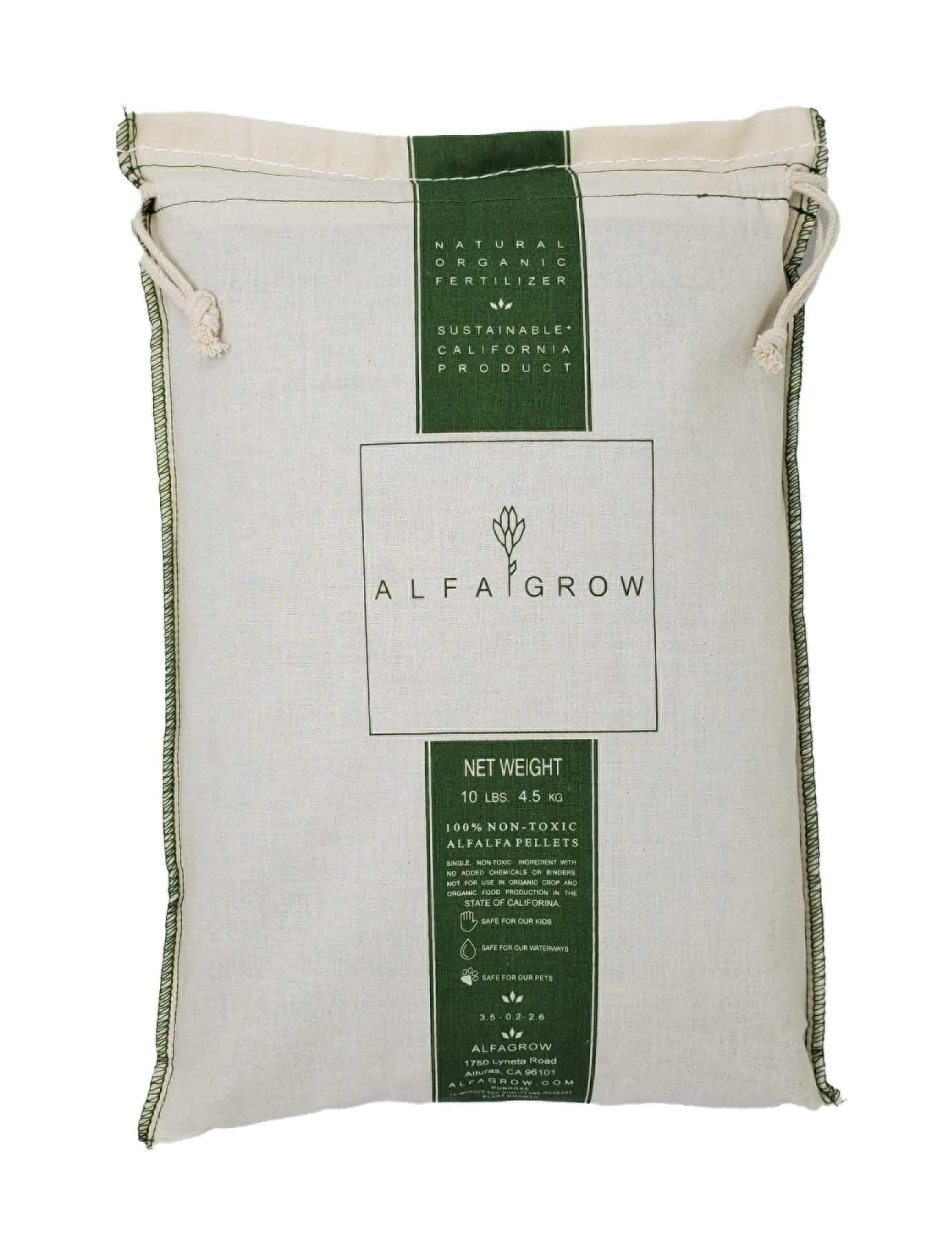 Alfagrow - 10 lbs Alfalfa Pellets, Natural Fertilizer, Soil Amendment, Mulch, High in Nitrogen, Canvas Drawstring Reusable Bag, Great for Roses