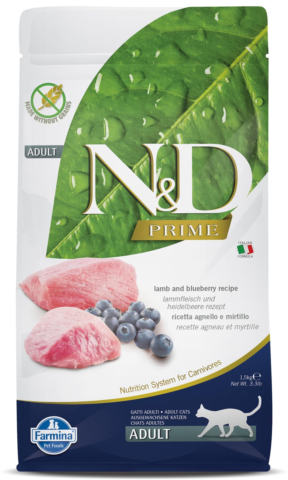 N&D Farmina Pet Foods Dry Farmina Grain Free Lamb and Blueberry Adult Cat Food, 1.5 Kg