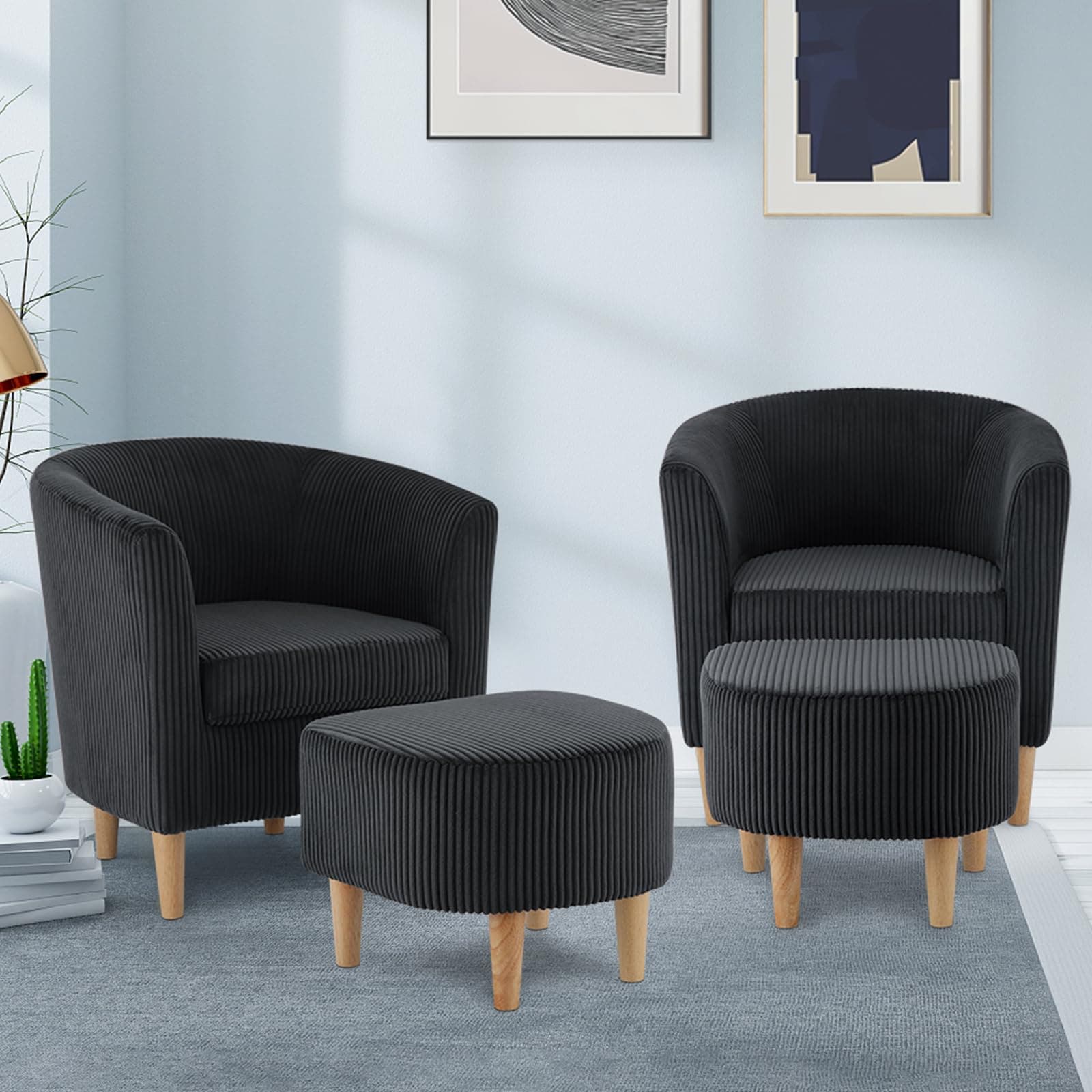 DAZONE Accent Chairs Set of 2, Barrel Chair with Ottoman Comfy Armchair Corduroy Living Room Chairs Mid Century Modern Chair Upholstered Club Tub Sofa Chair for Bedroom Reading Room Charcoal