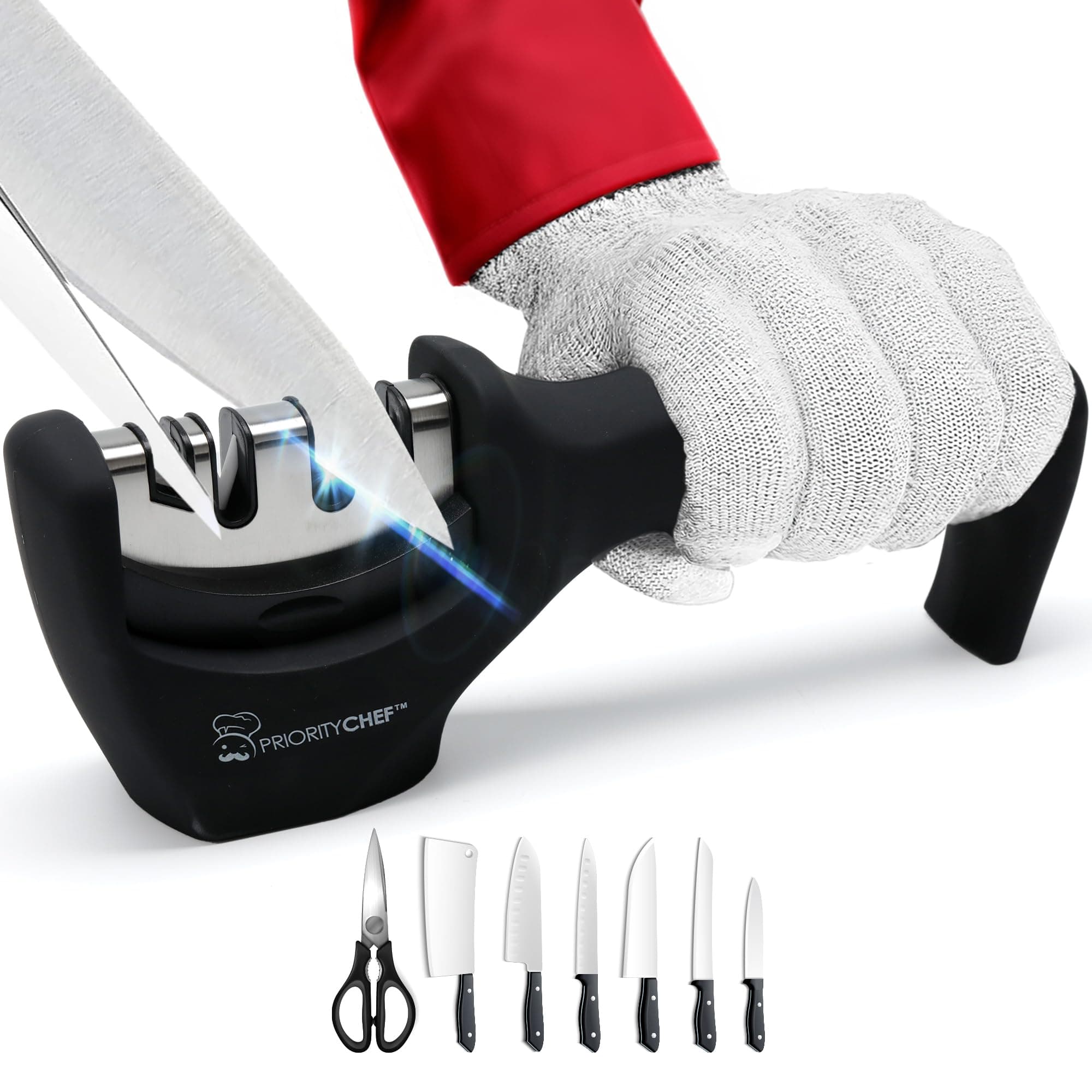 PriorityChef Kitchen Knife Sharpener - 4 Stage Knife Sharpening to Restore, Renew & Polish Straight-Edge Knives & Sharpen Scissors - Bonus Level 5 Cut-Resistant Glove & Detailed Instructions Included