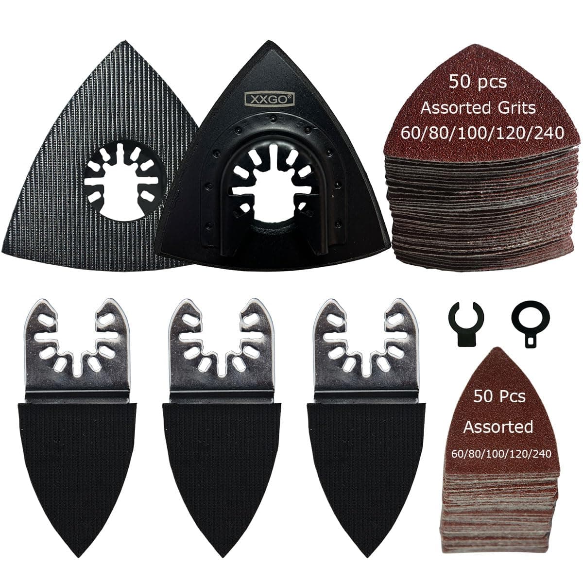 XXGO 105 Pcs Oscillating Multi Tool Sanding Pads Kits 2 Pcs Triangle Sanding Pads 3 Pcs Finger Sanding Pads 100 Pcs Multi Tool Sandpaper for Wood Sanding XG3105