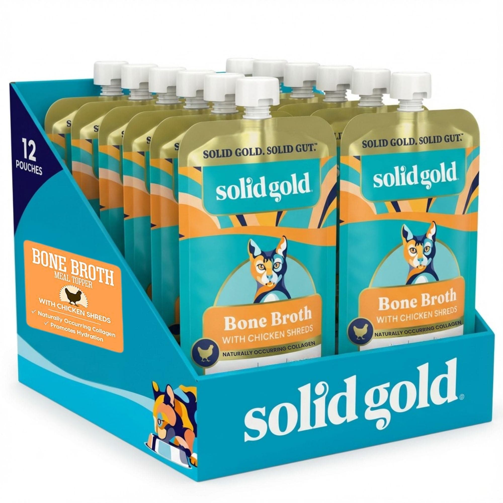 Solid Gold Bone Broth Cat Food Topper - Limited Ingredient Lickable Cat Broth Pouches w/Chicken Protein Shreds & Collagen for Hydration & Gut Support - Easy to Serve Gravy for Cats Meal Topper - 12ct