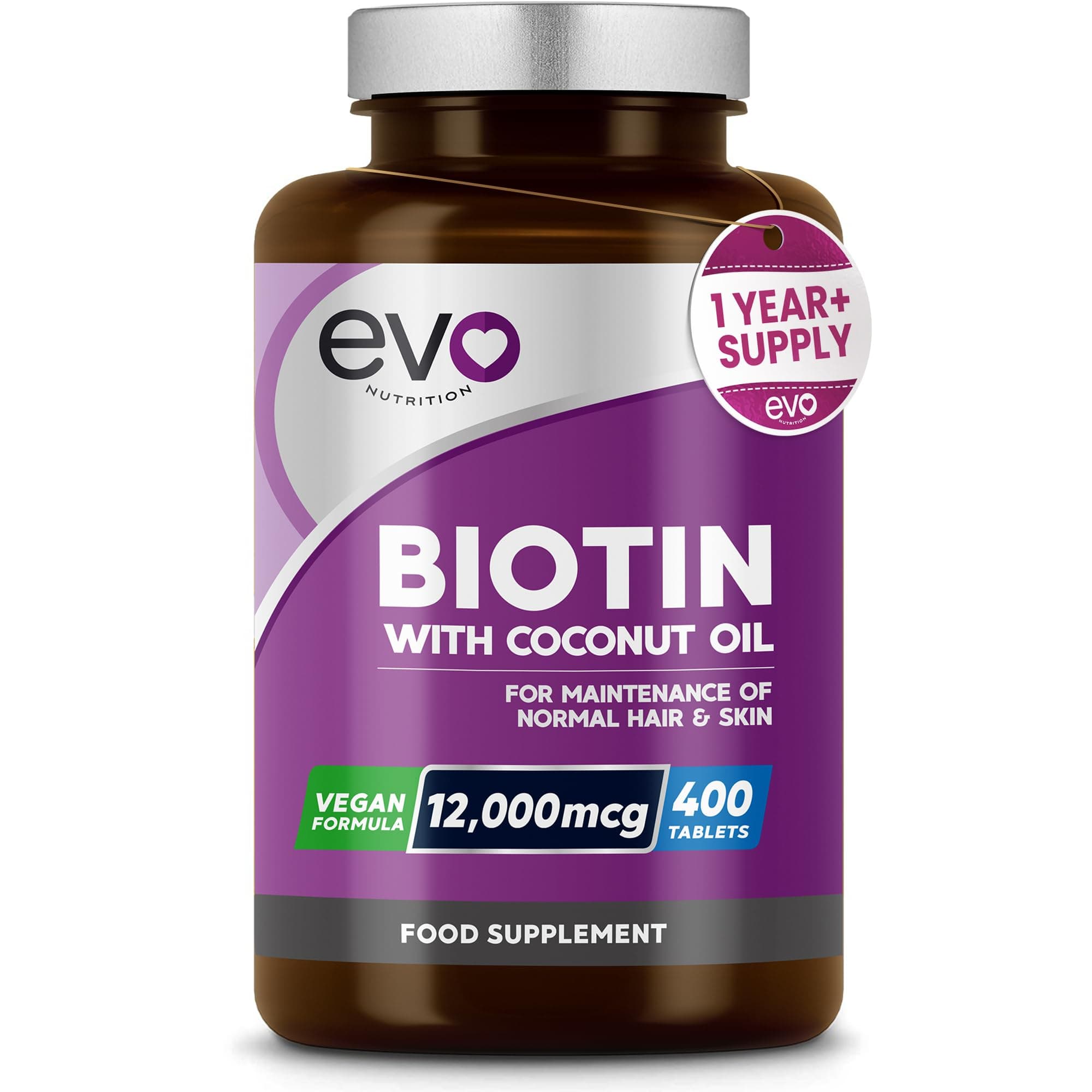 Biotin Hair Growth Supplement 12,000mcg with Coconut Oil | 400 High Strength Tablets for - 13 Month Supply Vitamin B7 Supports Normal Skin & Made in UK by EVO Nutrition