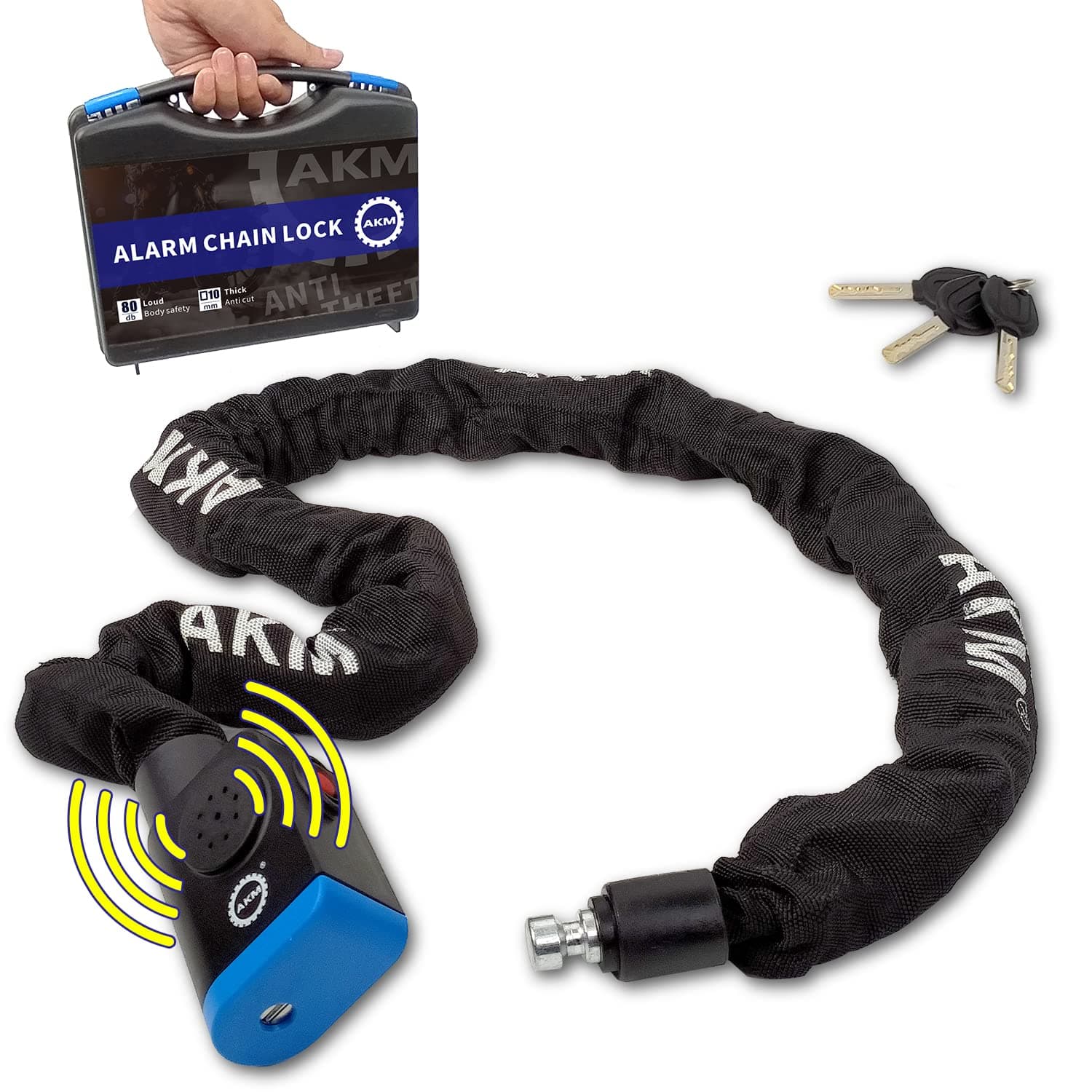 AKM Safe 80db Alarm 4ft/120cm Long Anti Theft Heavy Duty Motorcycle Chain Lock 3/8''/10mm Thick Weather Proof Durable Chains with 3 Customized Keys,Ideal for Bikes,Bicycles,Scooters,Moped