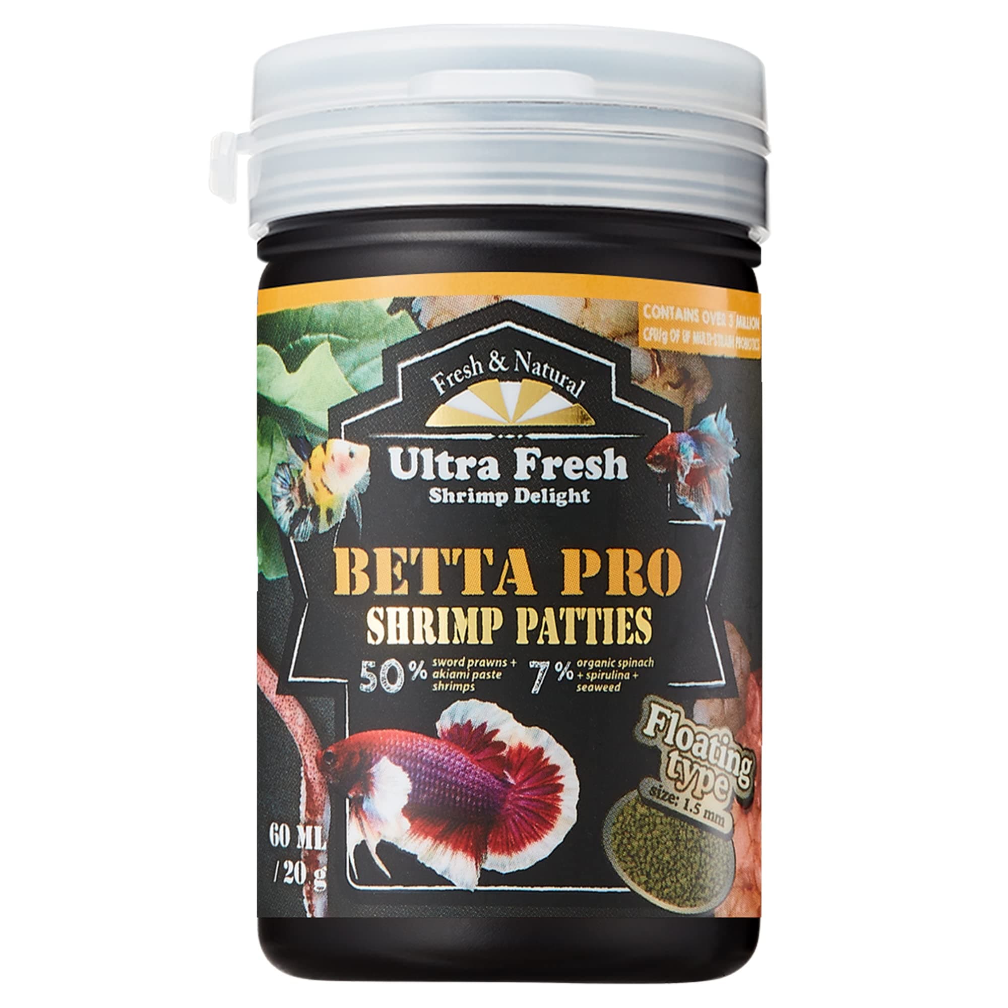 Ultra Fresh Betta Fish Food, Betta Pro Shrimp Patties, 50% Sword Prawns + Akiami Paste Shrimps, All Natural Protein, Rich in Calcium, for Betta's Healthy Development and Cleaner Water