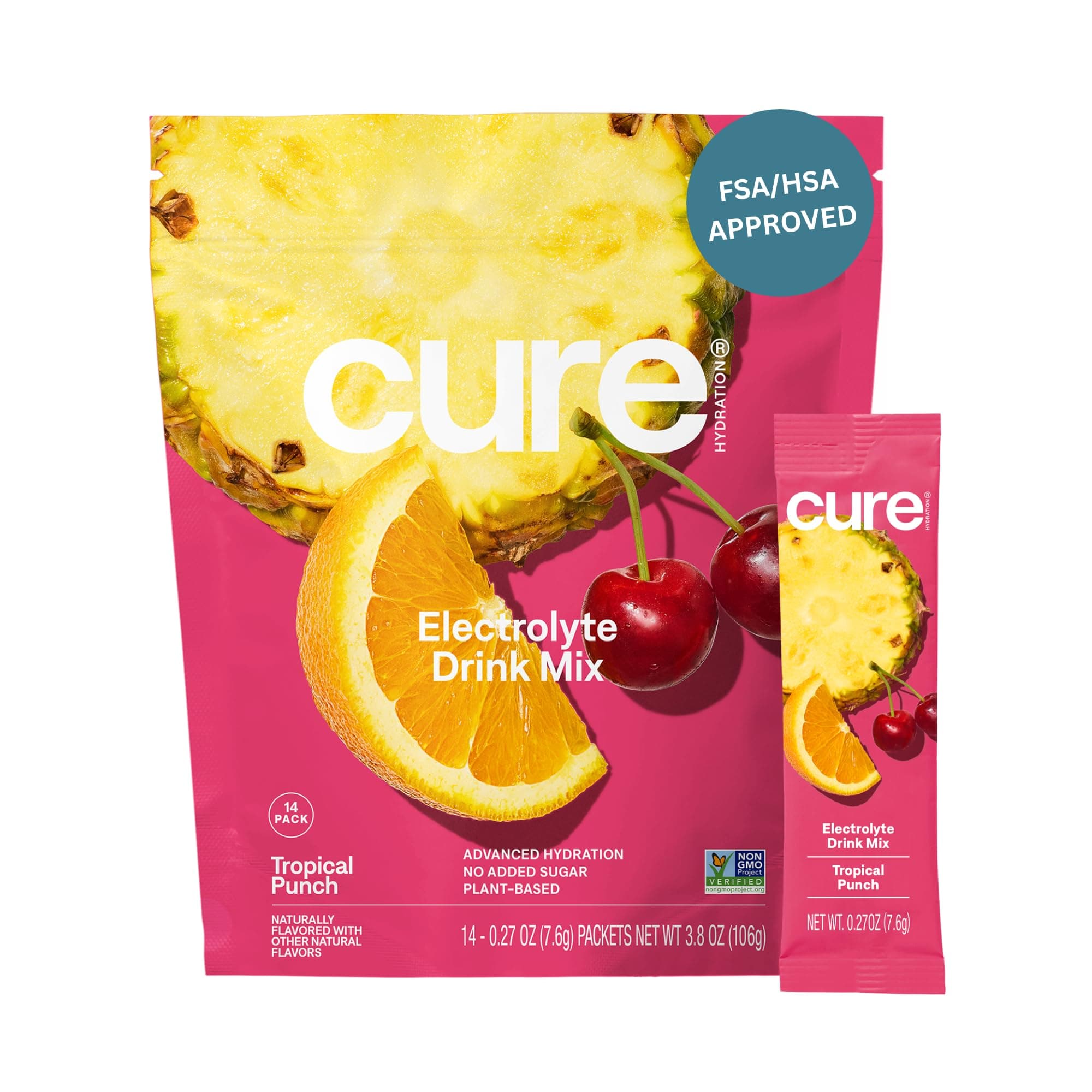 Cure Hydration | Plant-Based Electrolyte Drink Mix | No Added Sugar | FSA-HSA | Dehydration Relief Powder Made with Coconut Water | Non-GMO | Vegan | Pouch of 14 Packets - Tropical Punch