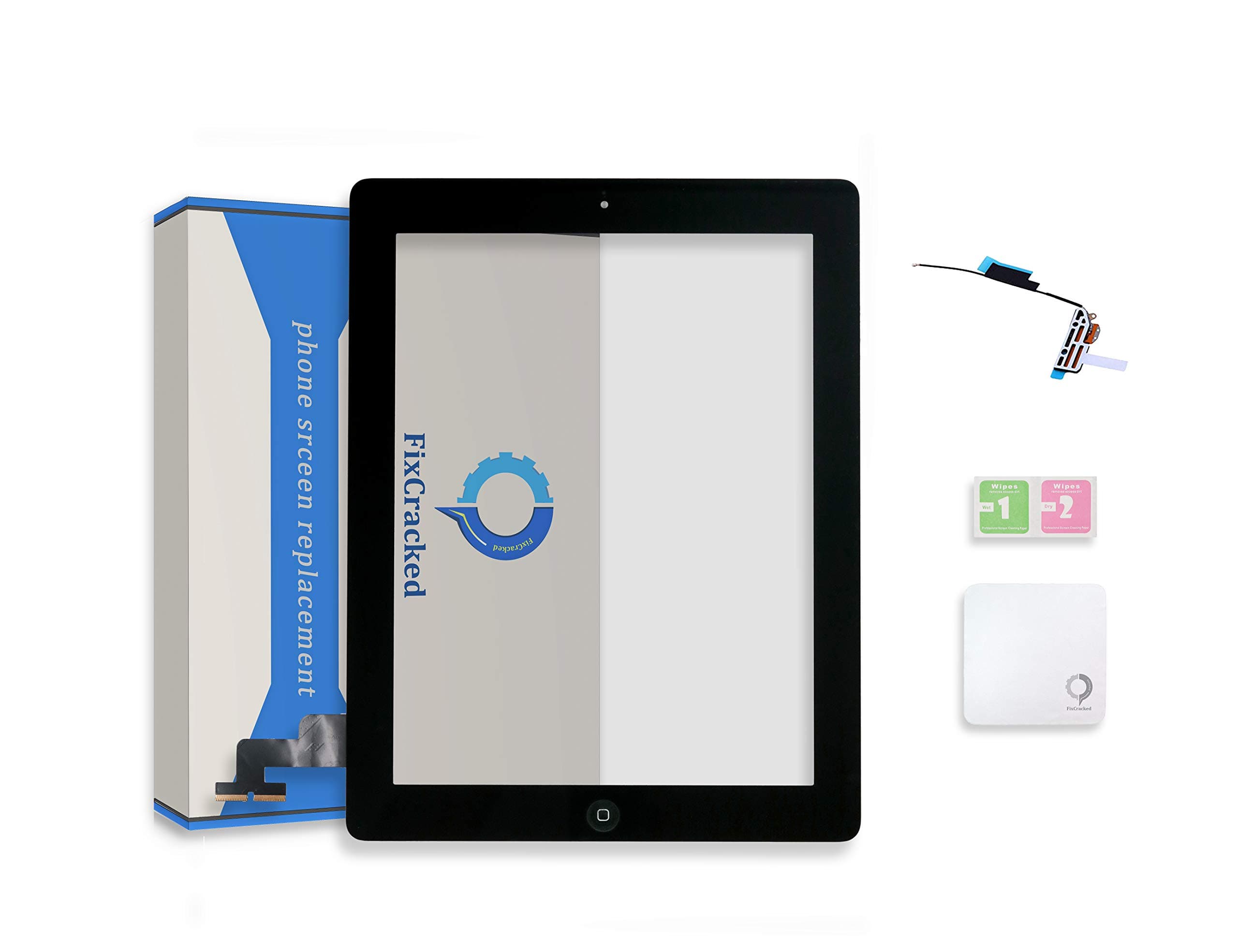 Fixcracked Touch Screen Replacement Parts Digitizer Glass Assembly for Ipad 2 + WIFI Antenna Cable(Black)